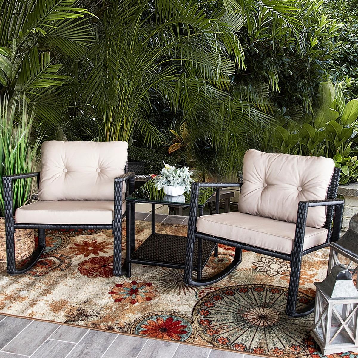 Barton 3-Piece Outdoor Wicker Rocking Chair Set with Glass Table - Black Rattan Patio Furniture for Garden, Porch, and Backyard Relaxation