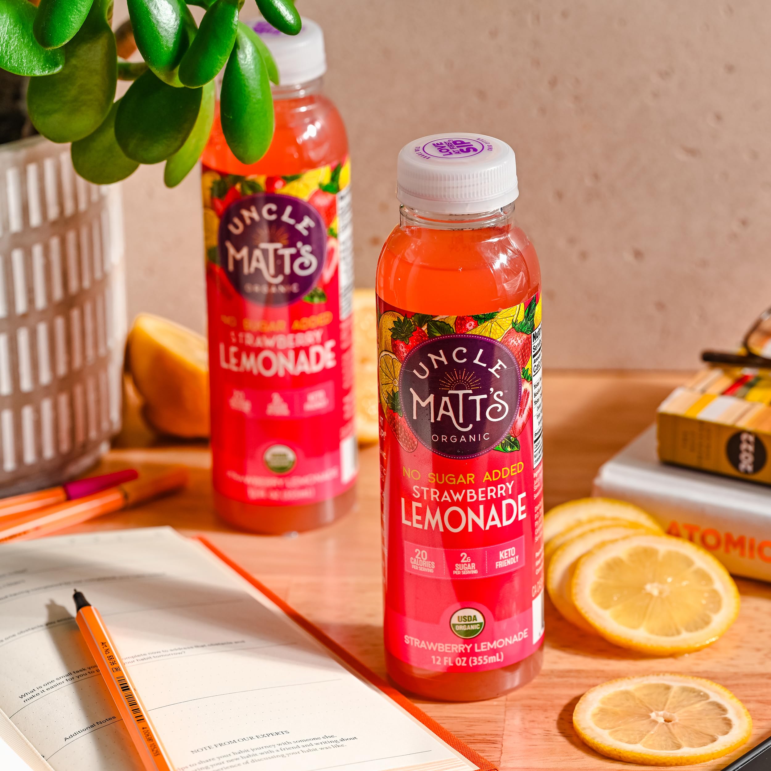Uncle Matt’s Organic Strawberry Lemonade Juice - No Sugar Added, Made with Organic Lemons, Strawberries & Stevia, Only 20 Calories & 2g Fruit Sugar per Serving, 12-Pack of 12 oz Bottles | Perfect for Kids Lunchboxes, Picnics & Healthy Refreshment