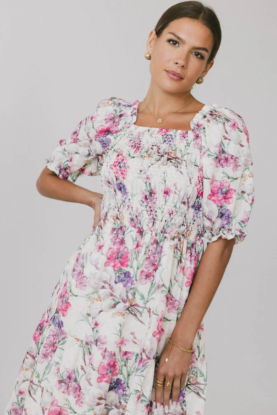 Luciana Floral Smocked Midi Dress for Women - Summer Boho Chic Style, Perfect for Beach Vacations, Garden Parties & Date Nights | Final Sale