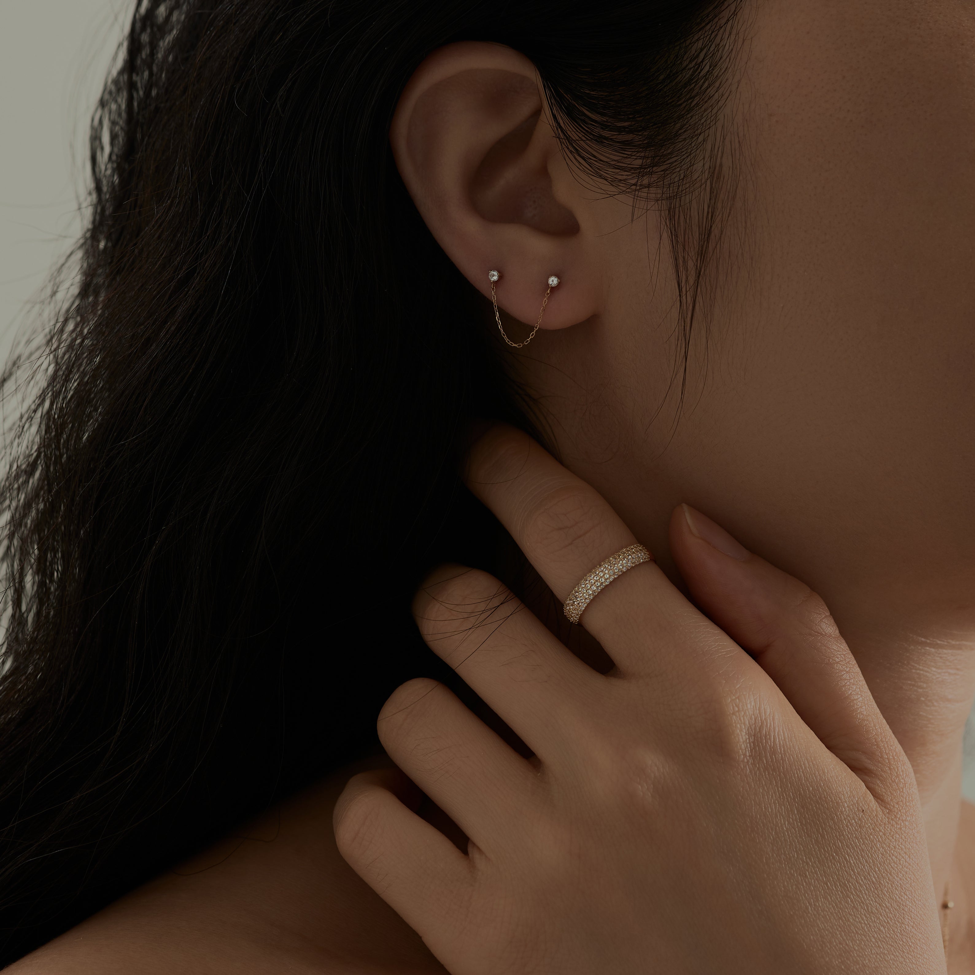 Solid Gold Double Piercing Chain Earrings for Women - 14K/18K Yellow Gold Dainty Layered Hoop Earrings - Perfect for Everyday Wear, Date Night & Special Occasions