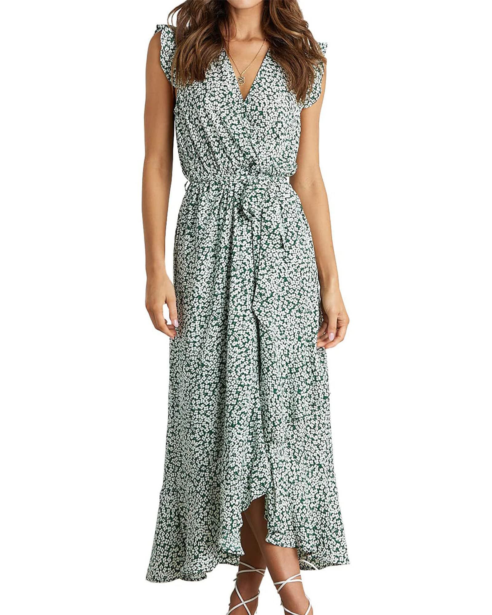 BTFBM Women's Floral Maxi Dress with Ruffle Sleeves & V-Neck - Summer Beach Wedding Guest Dress, Spring Vacation Outfit, Wrap Belt Design for Casual & Special Occasions