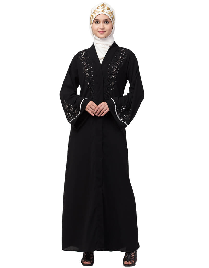 Elegant Black Arabic Abaya with Front Open Design & Hand Embroidery on Sleeves - Perfect for Prayer, Modest Fashion & Special Occasions