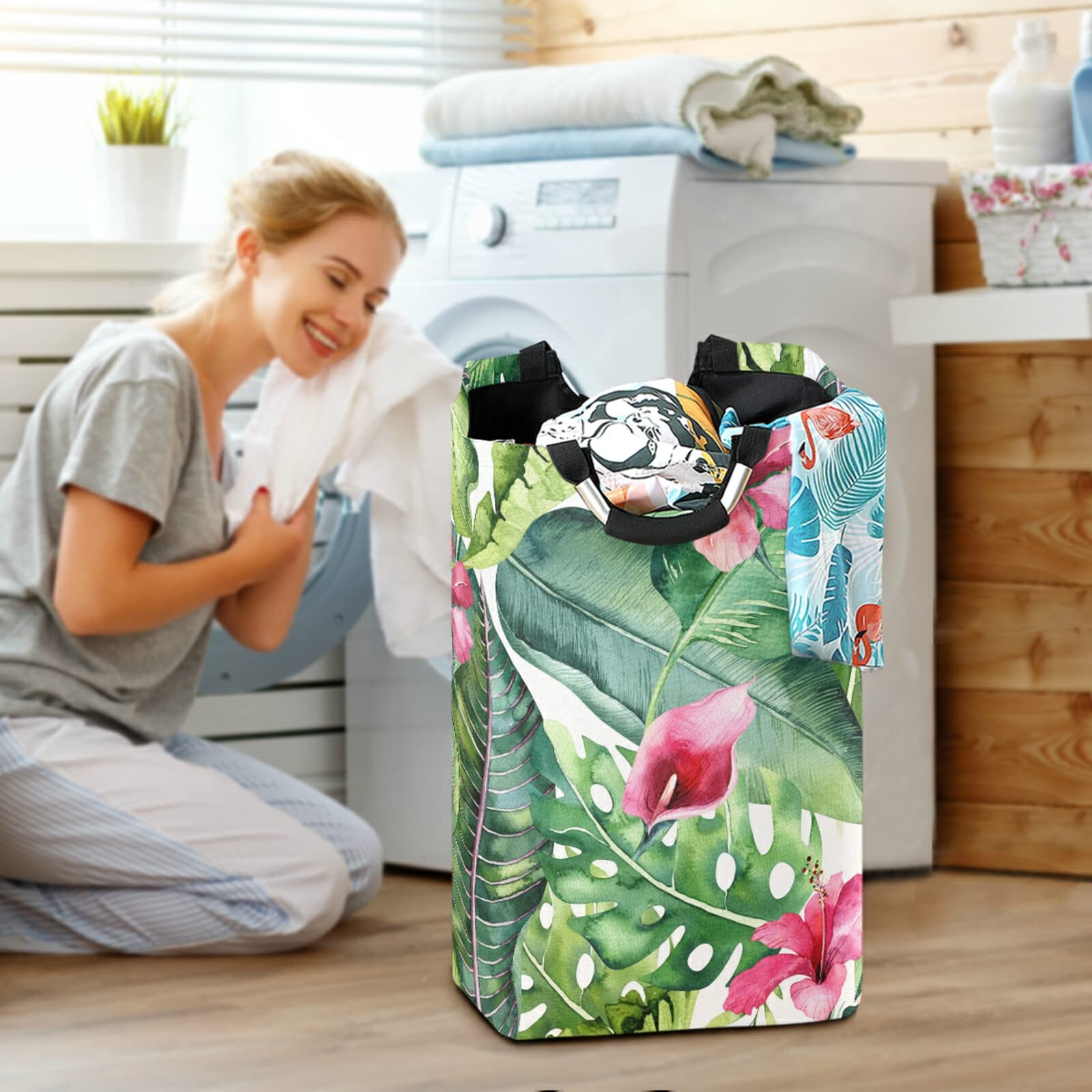 Collapsible Laundry Hamper with Handles - Foldable Waterproof Clothes Basket & Portable Washing Bin - Tropical Leaves Design for Dorm, Travel & Home Organization