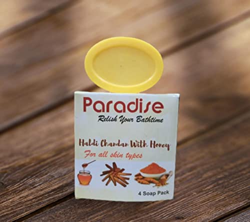 Organic Ayurvedic Chandan & Honey Handmade Soap with Haldi - Pack of 4 | Sri Krishna Paradise Homemade Soap for Glowing Skin & Relaxing Bath | Natural Skincare for Dry & Sensitive Skin