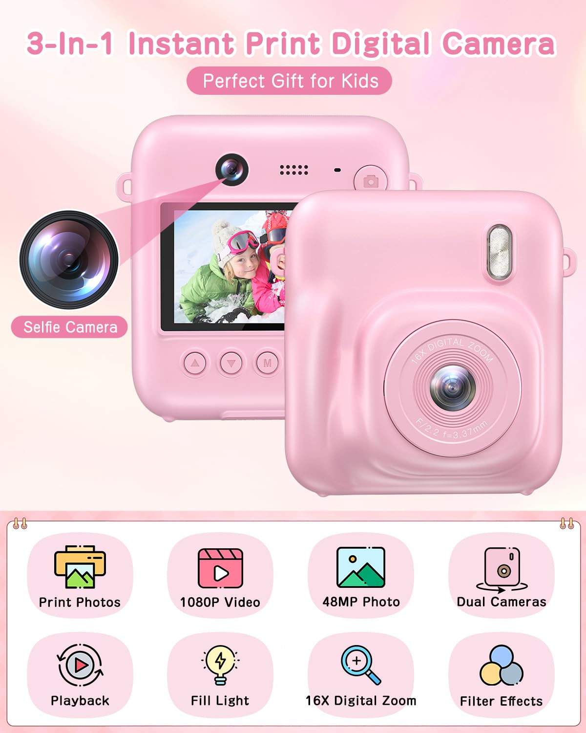 48MP Kids Instant Print Camera with 1080P Video - Selfie Digital Camera for Boys & Girls Ages 4-9 | Includes 32GB Card, Print Paper | Perfect Christmas & Birthday Gift (Pink) | Great for Travel, Parties & Creative Play