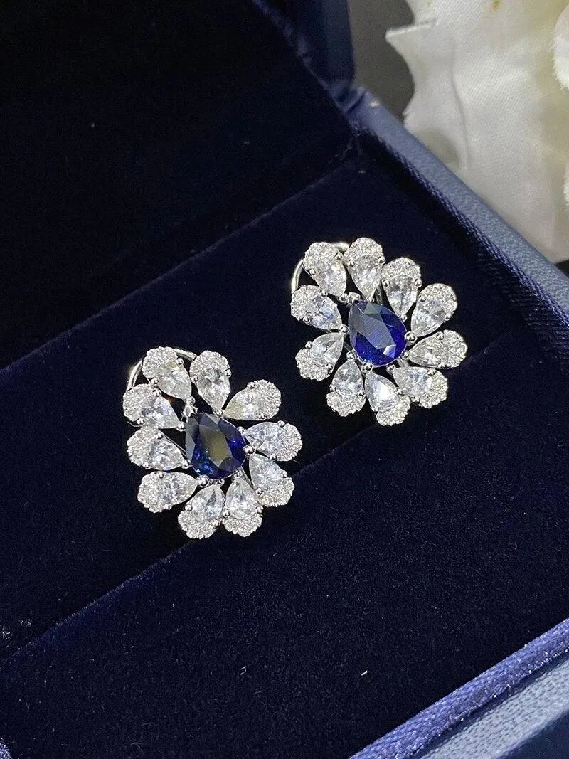 18K White Gold Earrings with Natural Blue Sapphire & Diamonds | Luxury Flower Jewelry for Women | Wedding, Anniversary & Special Occasion Gifts