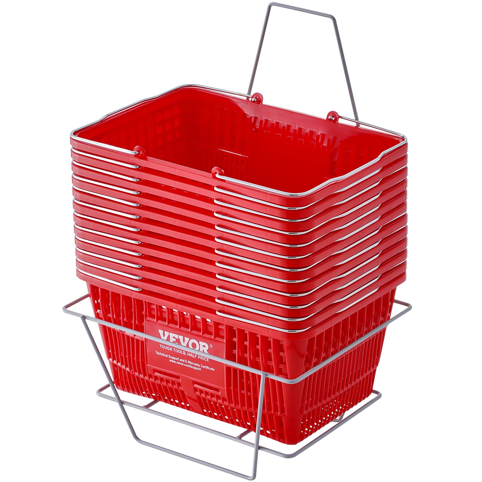 VEVOR 12-Pack Durable Plastic Shopping Baskets with Metal Handle & Stand, 21L Capacity (16.73