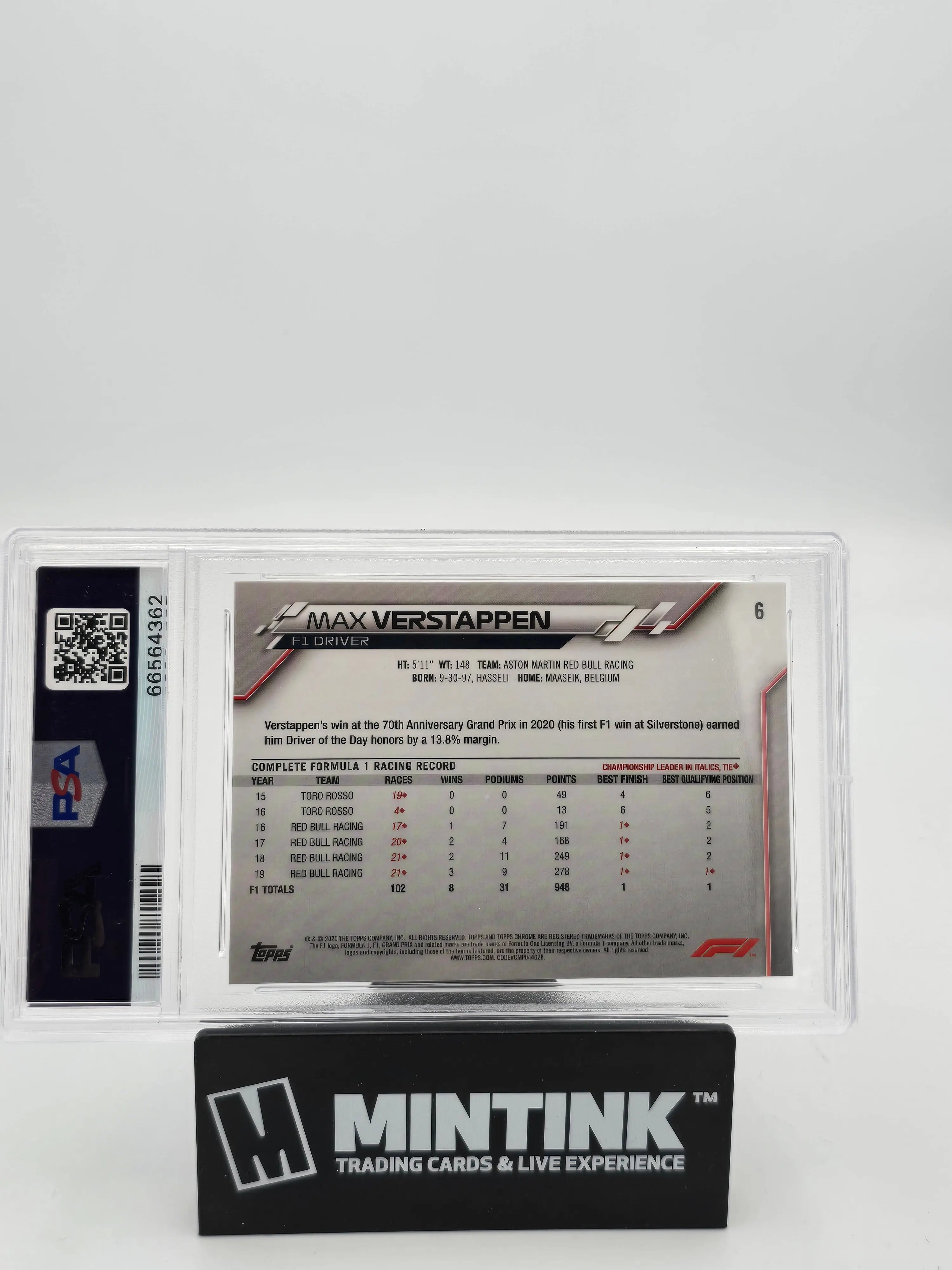 2020 Topps Chrome Formula 1 Max Verstappen Rookie Card PSA 10 Gem Mint #6 - Perfect for F1 Collectors and Racing Fans Display