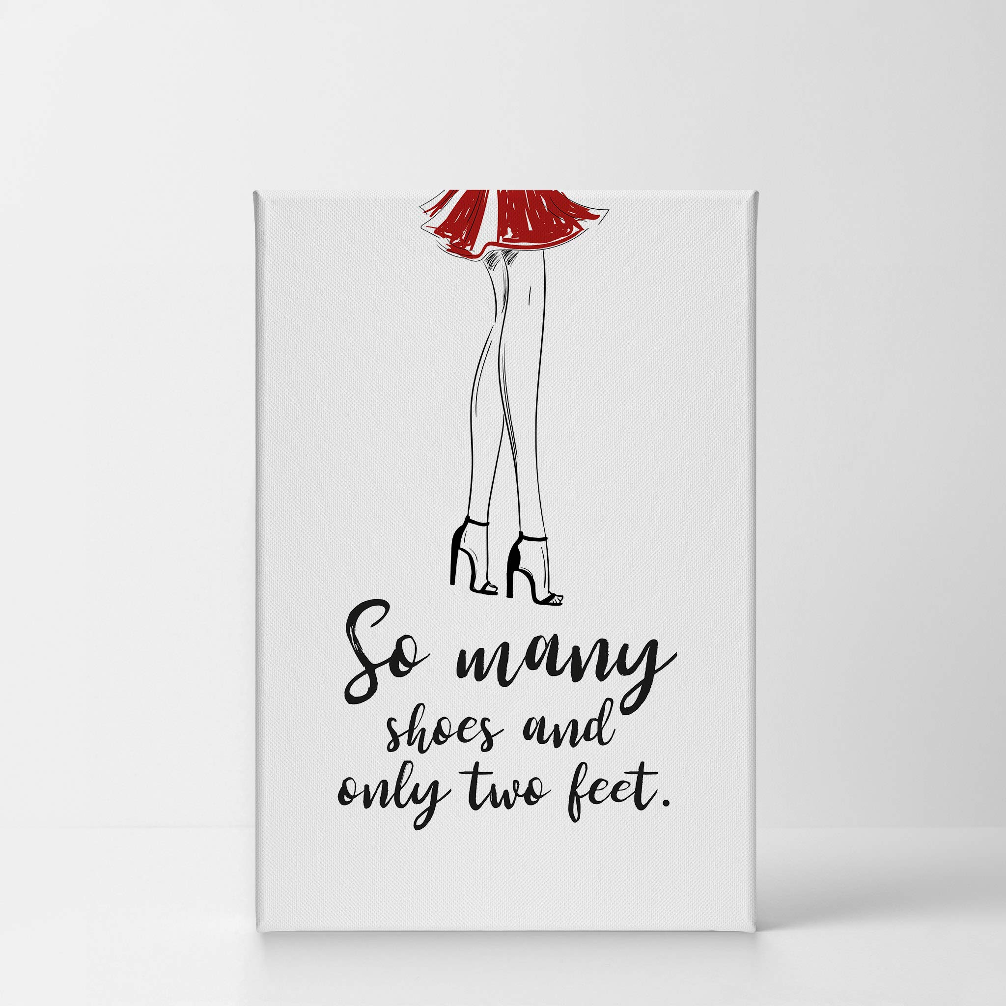 Smile Art Design 'So Many Shoes and Only Two Feet' Quote - Red Skirt Sketch Glam Fashion Canvas Print Wall Art (36x24 inches) - Perfect for Office, Bathroom, Girls Room, Dorm, Bedroom & Living Room Decor - Ready to Hang Home Décor Gift Idea