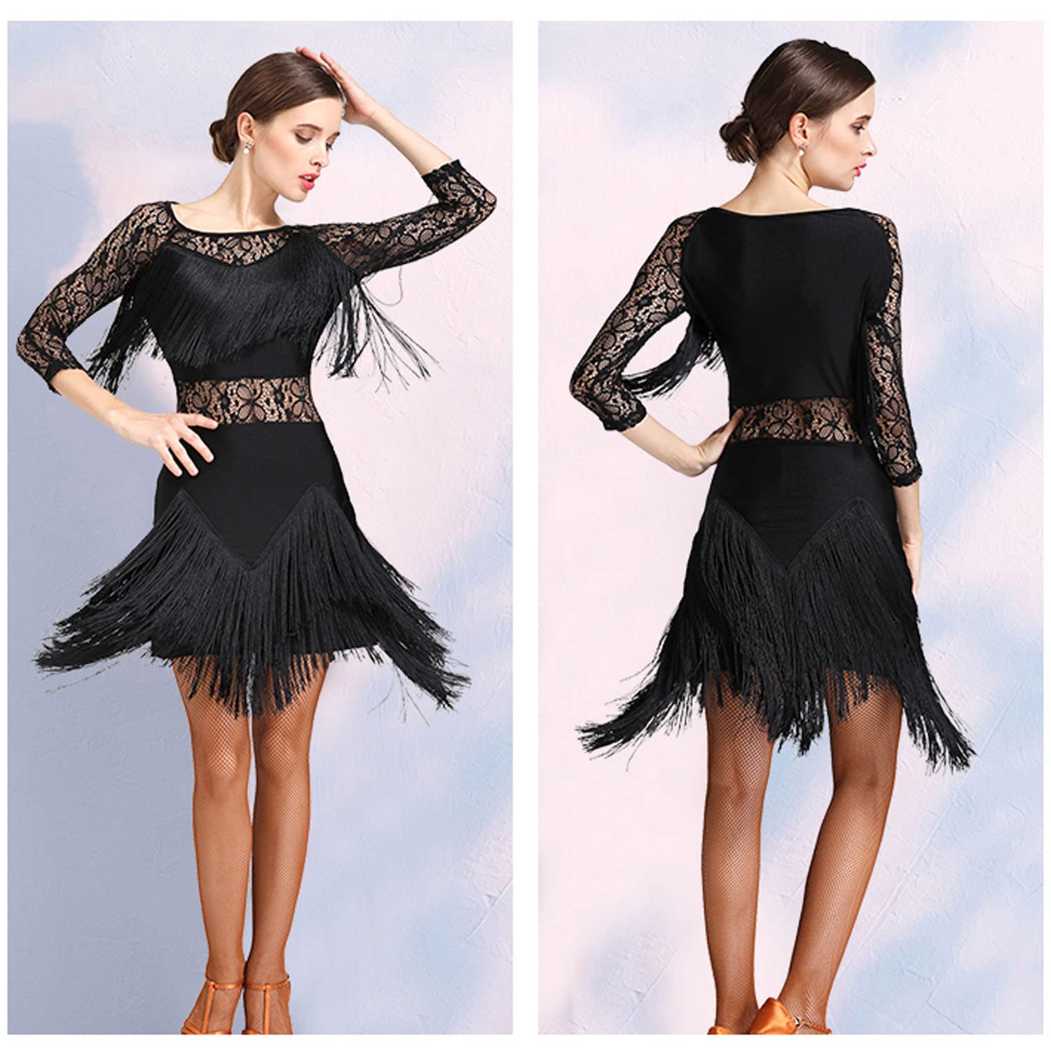 Elegant Women's Latin Dance Dress with Lace & Tassels - Salsa, Cha Cha, Ballroom, Tango & Waltz Performance Outfit - Breathable Skirt for Dance Competitions & Social Events