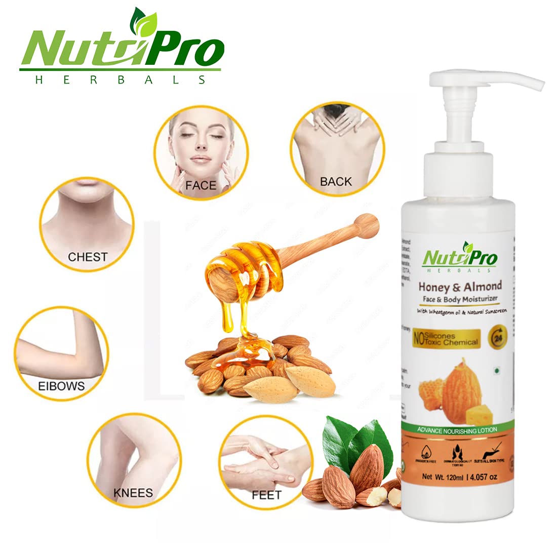 NutriPro Honey & Almond Face & Body Moisturizer with Wheat Germ Oil - Non-Sticky Hydrating Lotion for Women & Men | Paraben & Silicone Free | Deep Nourishing for Dry Skin | Perfect for Daily Use, After Shower & Night Care (120ml)