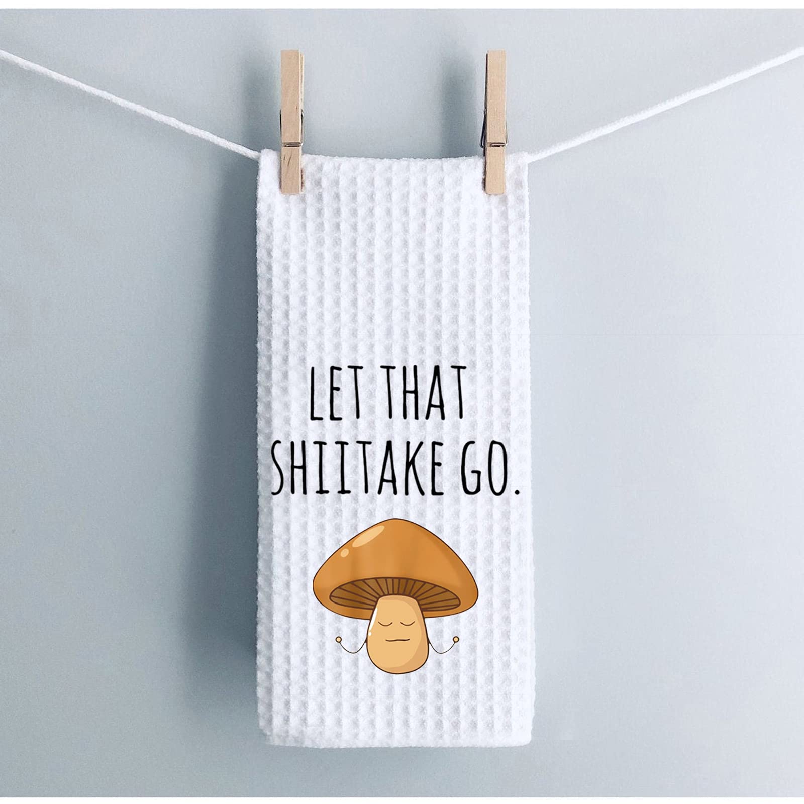 Funny Mushroom Kitchen Towel - Let That Shiitake Go Pun Dish Towel | Waffle Weave Absorbent & Durable | Perfect Housewarming Gift for Food Lovers & Home Cooks | Great for Cooking, Baking & Kitchen Decor