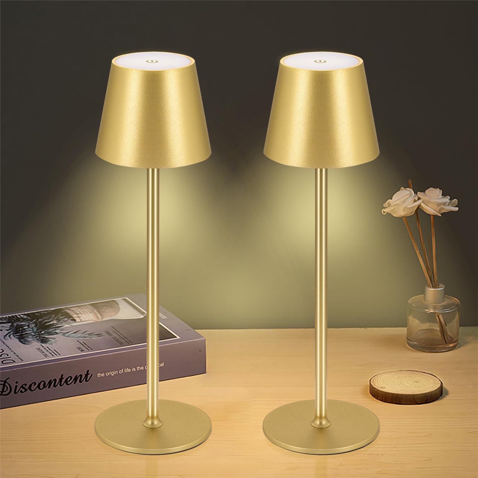 USB Rechargeable Cordless Table Lamp - 4600mAh Battery Operated LED Desk Lamp with Touch Control, Gold (2 Pack) - Perfect for Bedroom, Office, Study, Reading Nook & Outdoor Patio Lighting