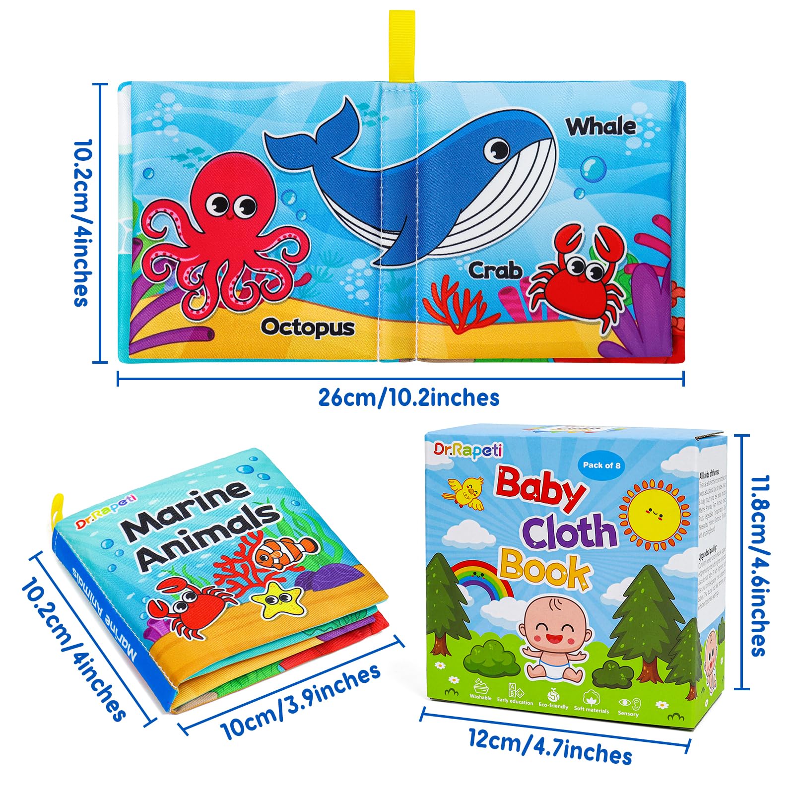 Dr.Rapeti Soft Cloth Baby Books - 8-Pack Crinkle Washable Bath Books for Infants & Toddlers | Early Educational Learning Toys | Perfect Gift for Newborns, Baby Showers & Preschool Learning