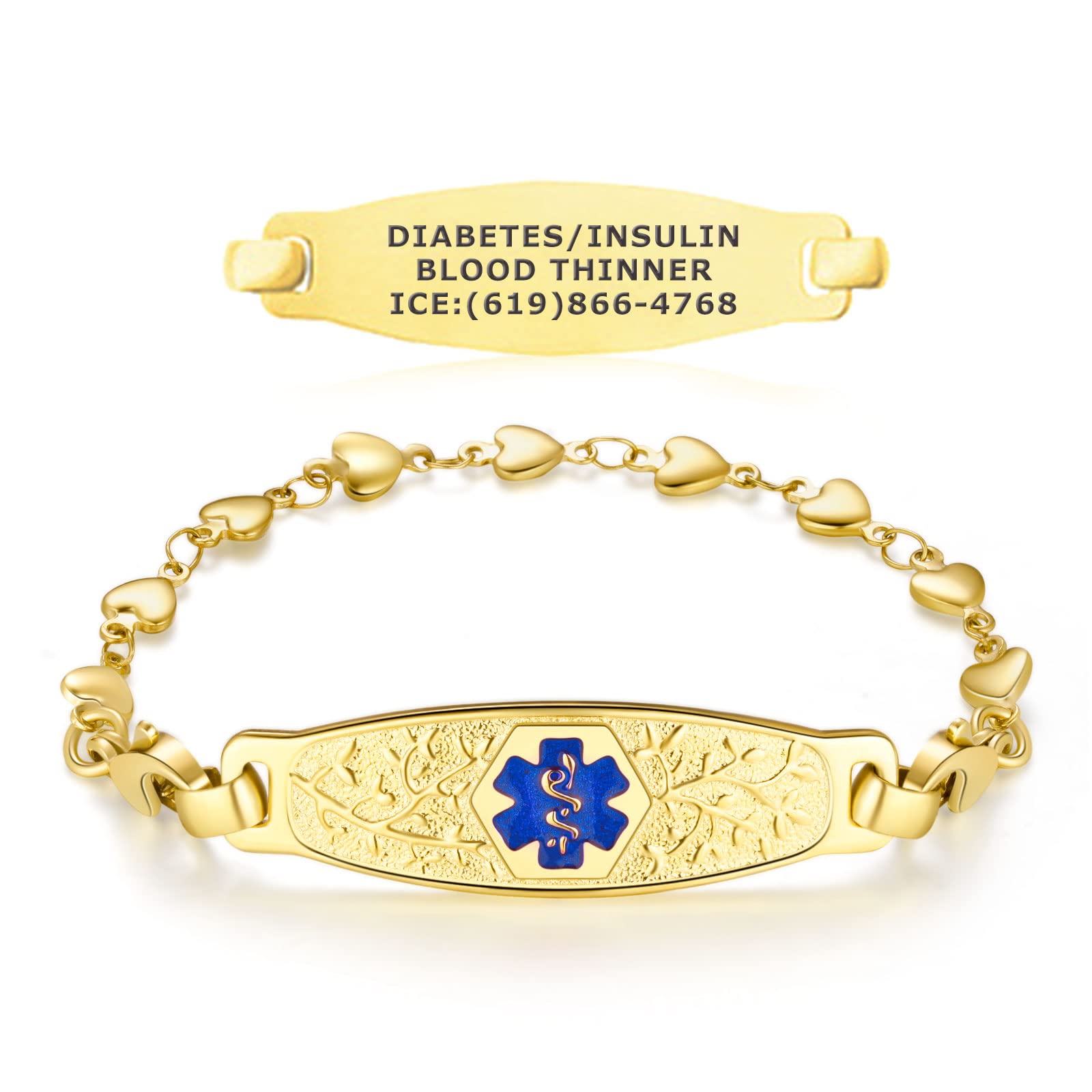 Divoti Custom Engraved Medical Alert Bracelets for Women - Personalized Medical ID Bracelet with Free Engraving - Elegant PVD Rose Gold/Gold Olive Tag & Heart Link Charm - Adjustable Sizes - Perfect for Allergies, Diabetes & Emergency Medical Identification