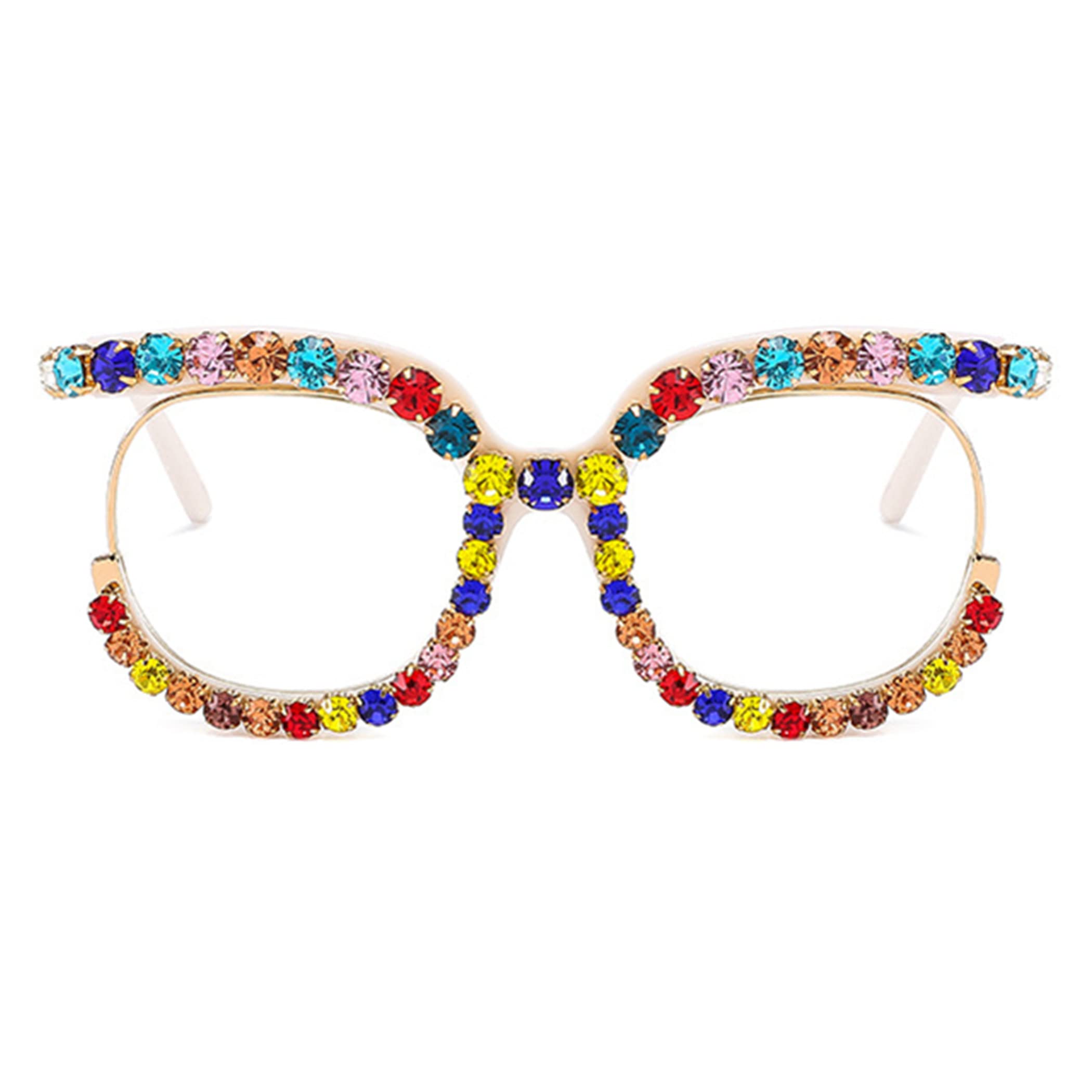 Vintage Fashion Women's Half-Rim Round Reading Glasses with Crystal Trim & Jeweled Frame - Costume Eyewear for Reading, Cosplay, and Retro Style Outfits