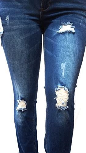 Jack David Women's Plus Size Ripped Destroyed Blue Denim Roll-Up Distressed Jeans - Trendy Casual Pants for Everyday Wear, Street Style & Outfit Pairing