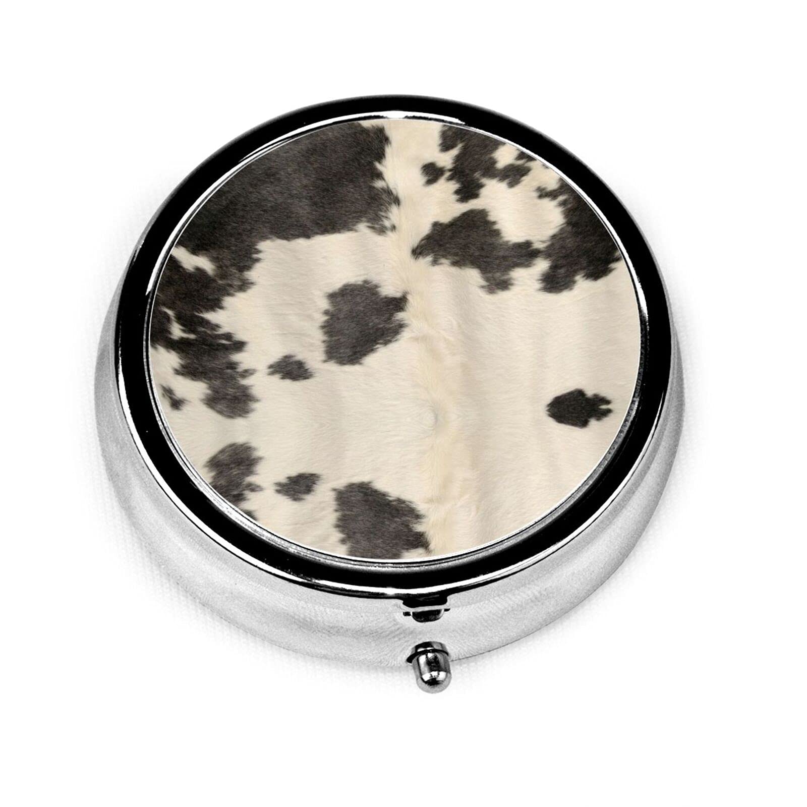 Printed Cowhide Metal Medicine Box - Mini Portable Travel Pill Organizer & Vitamin Storage Case - Round Compact Pill Box for Travel, Home, Office