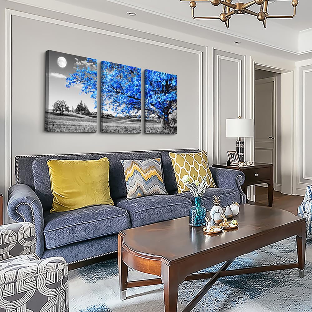 Premium 3-Piece Canvas Wall Art Set - Black & White Landscape with Blue Trees, Modern Farmhouse Decor for Living Room, Bedroom, Office & Salon | Enhance Your Home & Workspace Aesthetics