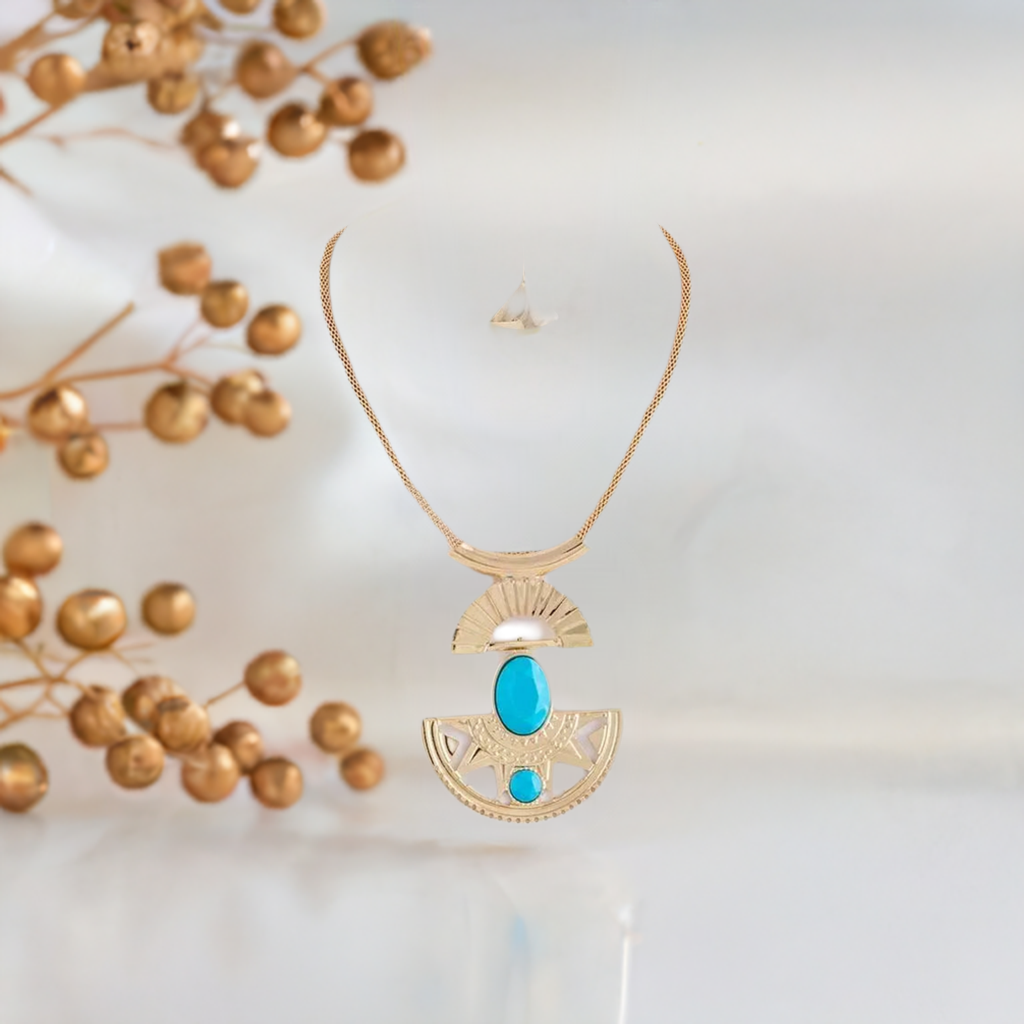 Turquoise and Gold Pendant Necklace Set for Women - 925 Sterling Silver Jewelry Gift for Her | Elegant Boho Chic Accessories for Parties, Weddings & Everyday Wear
