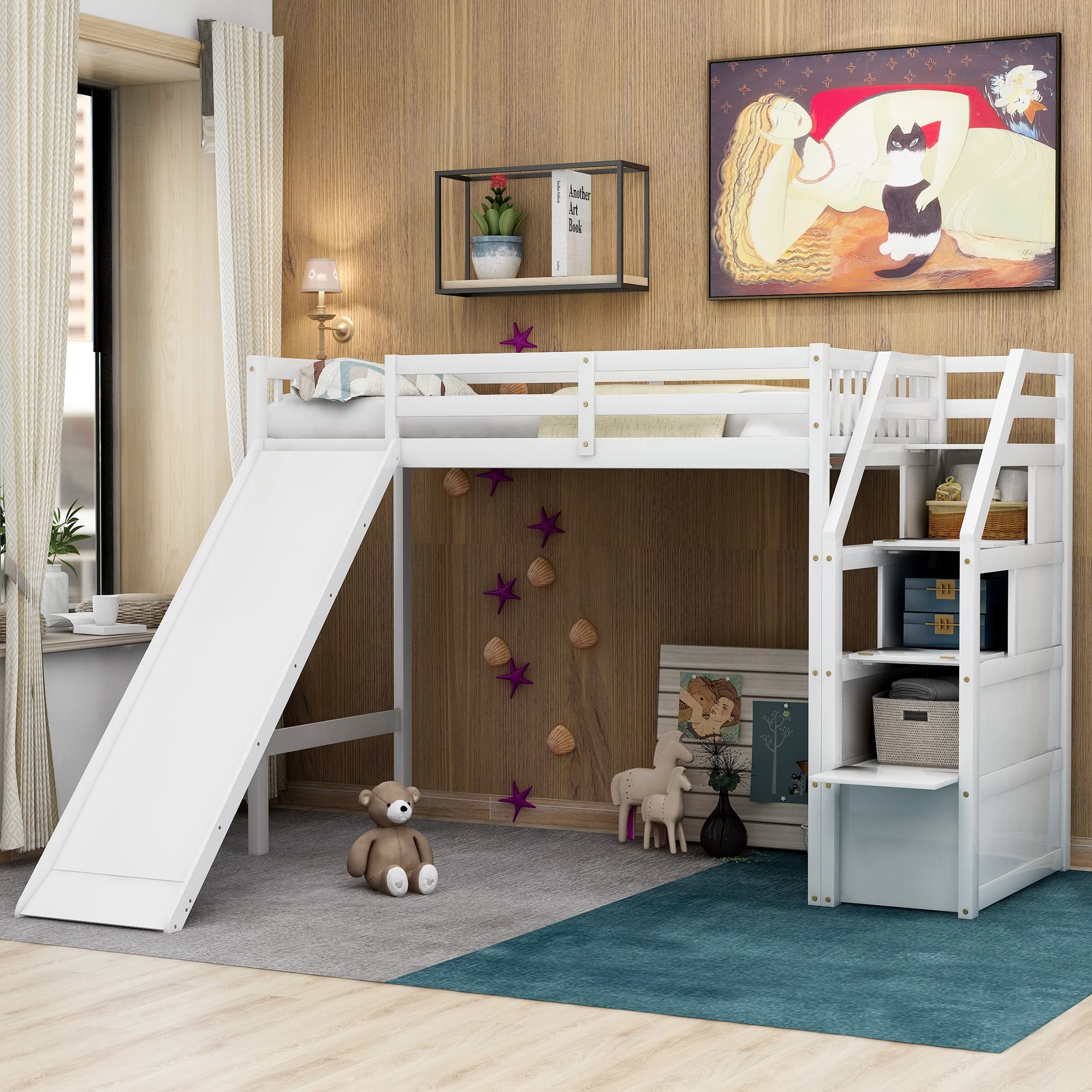 **Merax White Twin Loft Bed with Slide & Staircase Storage - Space-Saving Kids Bedroom Furniture for Small Rooms, Dorm, or Playroom**