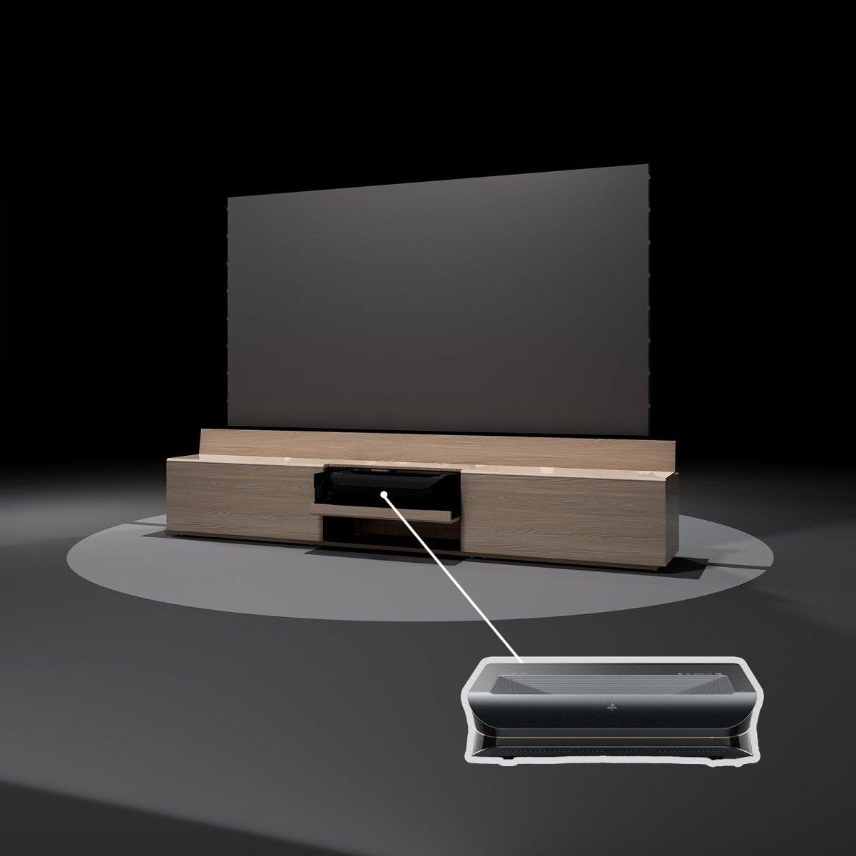 VIVIDSTORM Ultra HD Laser Projector Bundle with Motorized Screen & Hidden TV Cabinet - 4K Home Theater System for Living Room & Movie Nights
