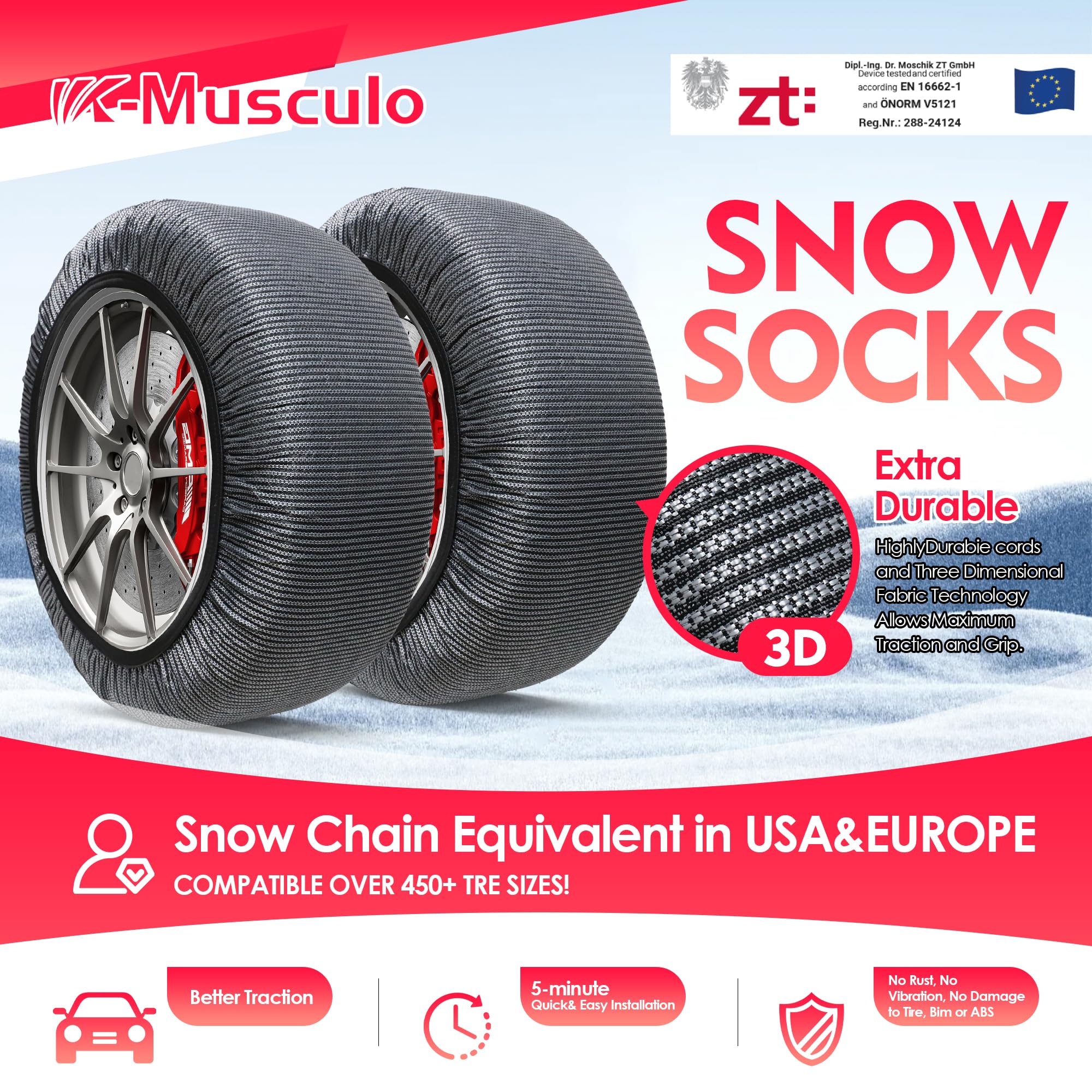 K-Musculo Snow Socks for Tires - Heavy Duty Winter Traction for Cars, SUVs & Pickups - Easy to Install & Washable - EU EN-16662-1 Certified (2 Pack, XXL) - Perfect for Snowy Roads, Mountain Driving & Emergency Winter Conditions