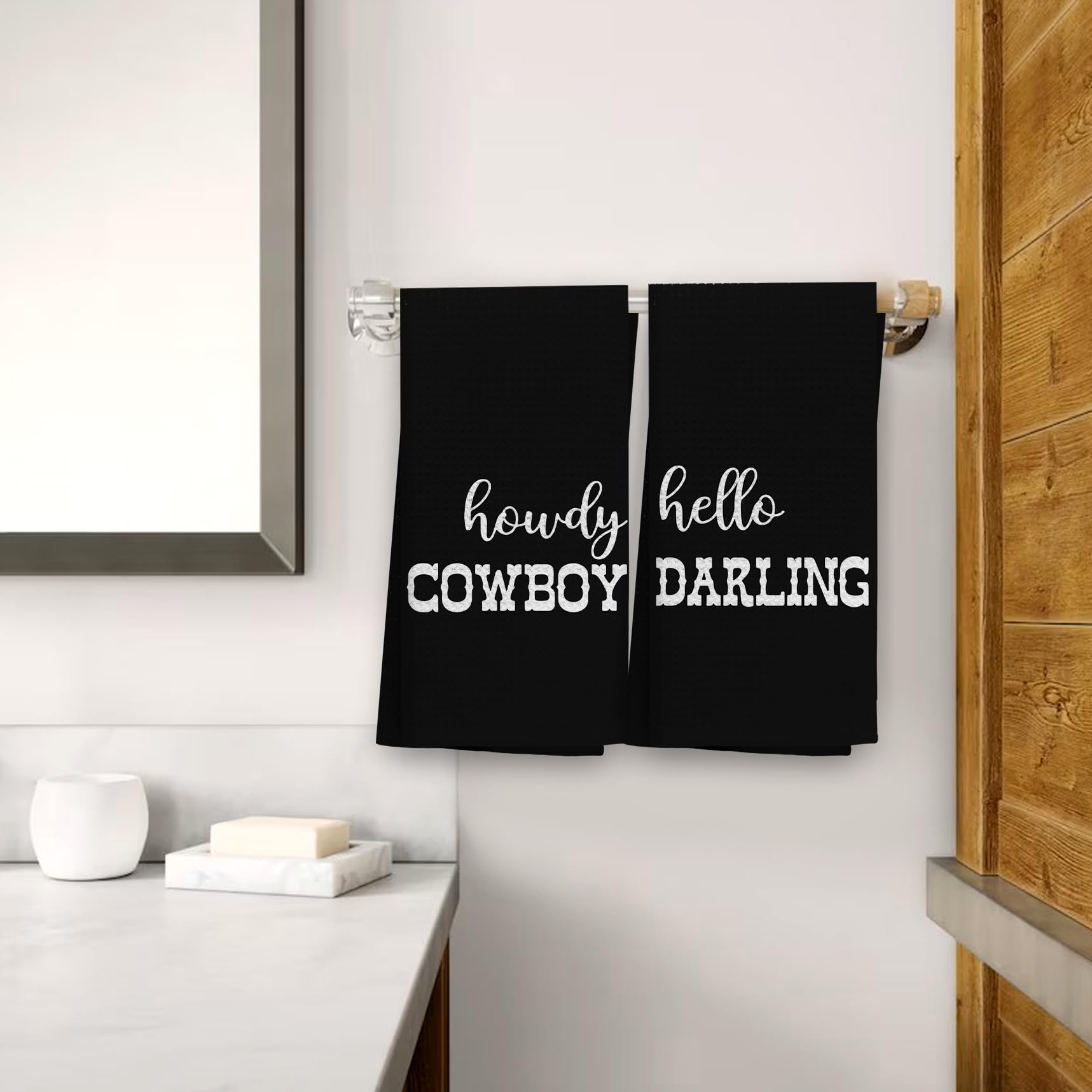 OHSUL Western Style Hand Towels Set of 2 - Rustic Kitchen & Bathroom Decor, Cowboy Themed Cotton Towels for Farmhouse, Cabin or Ranch Home - Perfect Housewarming Gift for Couples (Black)
