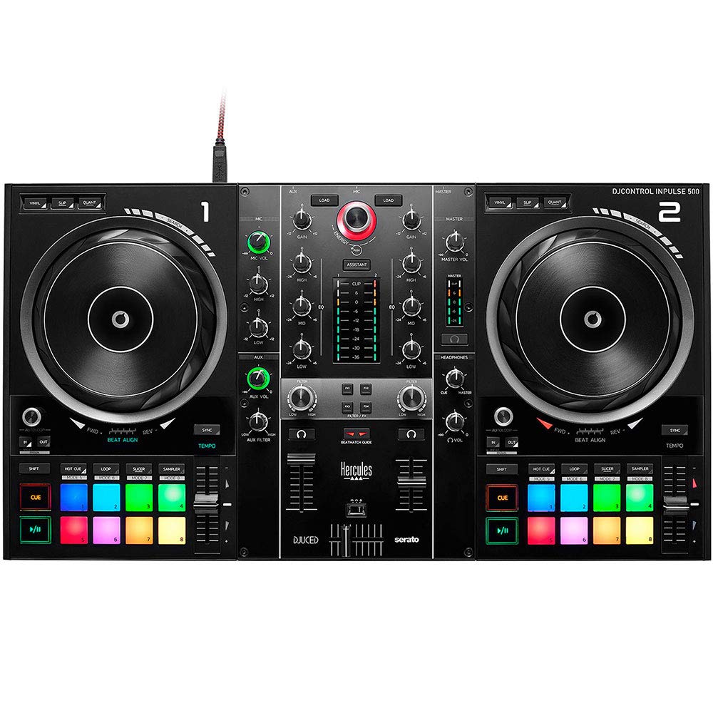 Hercules DJControl Inpulse 500 Professional DJ Controller with HDP DJ45 Over-Ear Headphones & RCA Cable Bundle - Perfect for Home DJing, Club Performances & Music Production