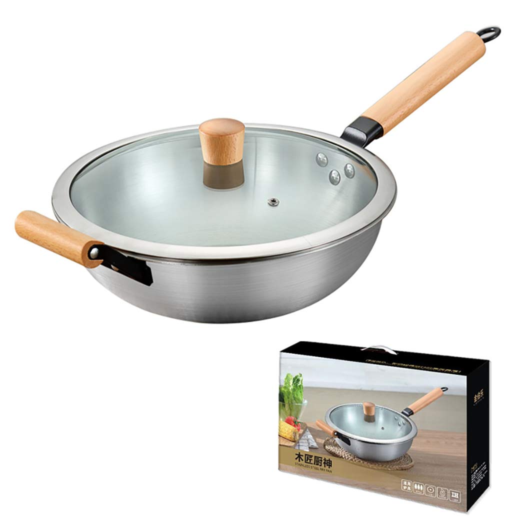 One Piece 12.5-inch Multi-Ply Clad 18/10 Stainless Steel Wok Pan - Stir Fry Pan with Dome Lid & Steamer Basket, Wooden Handle - Perfect for Asian Cooking, Stir-Frying, Steaming & Restaurant-Style Meals