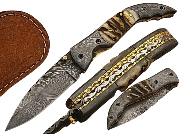 Premium Damascus Steel Folding Hunting Knife - HNS LARG 5073 | Tactical Pocket Knife for Outdoor Camping, Survival & EDC | Razor Sharp Blade with Ergonomic Grip