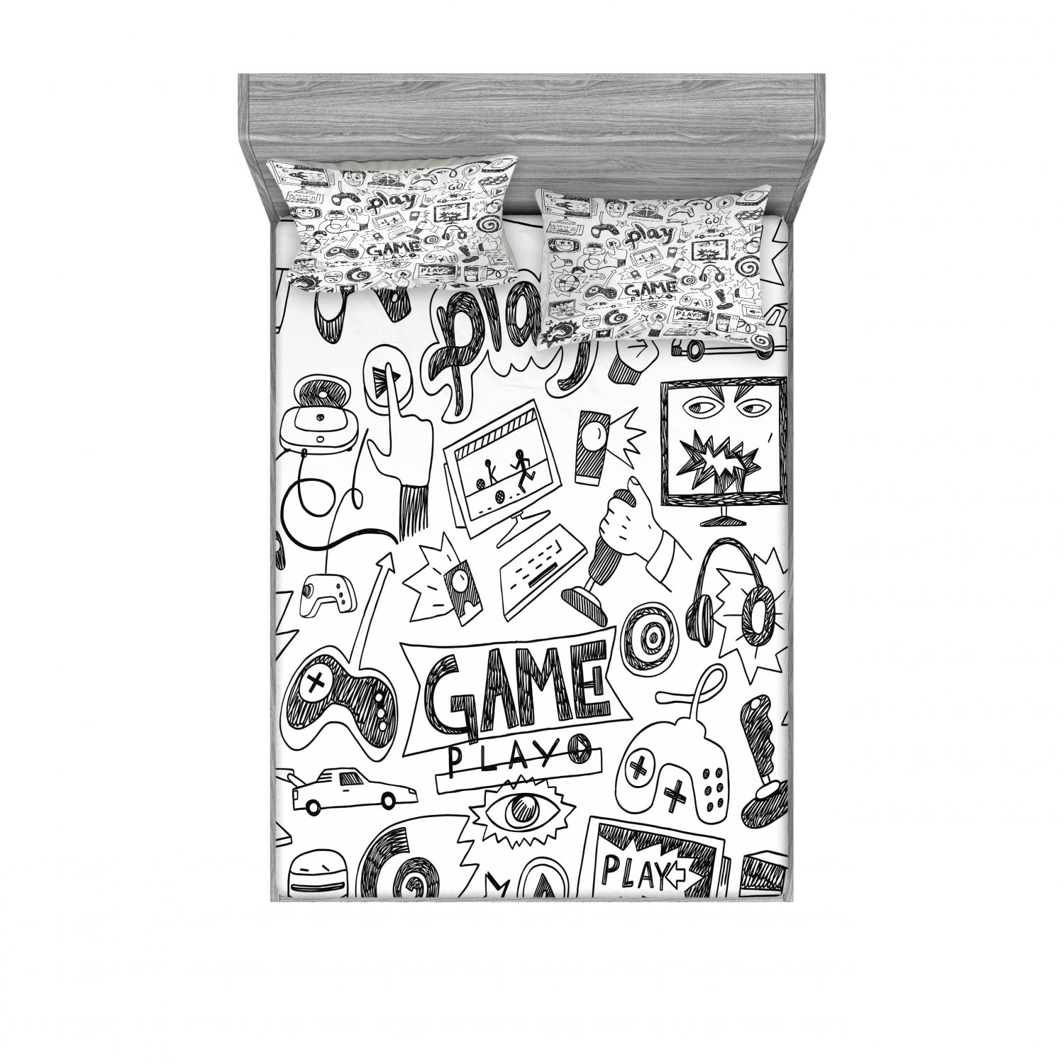 Ambesonne 2-Pack Video Game Themed Fitted Sheet & Pillow Sham Set - Sketch Style Gaming Bedding Decor (4-Piece Set with 2 Twin XL Fitted Sheets & 2 Pillow Covers) - Black & White Design for Gamer Bedroom & Dorm Room Decor