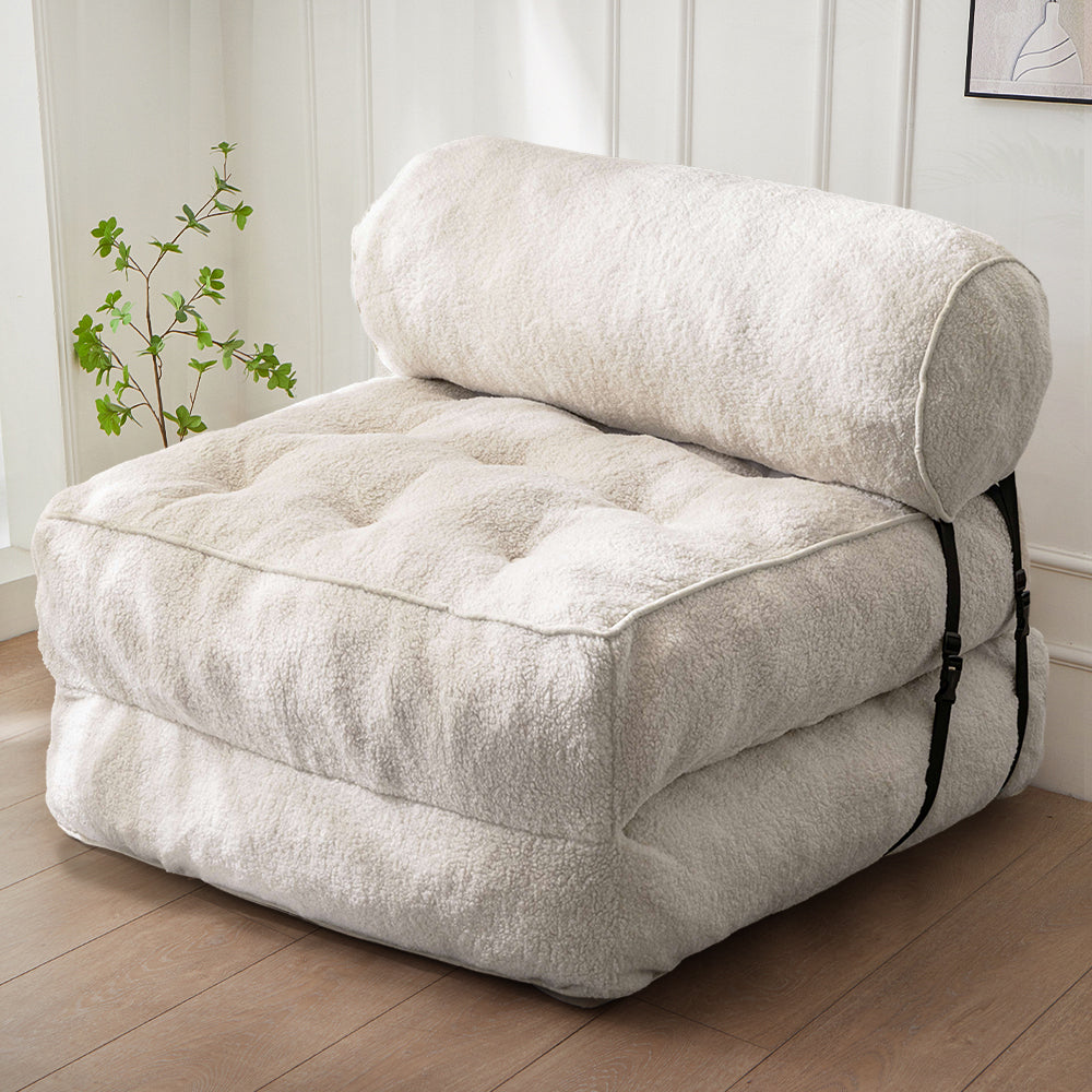 MAXYOYO Folding Sofa Bed - Convertible Boucle Sleeper Chair with Removable Bolster Pillow, Multi-Functional Floor Sofa Lounge for Small Space (Beige) | Perfect for Living Room, Bedroom, Guest Room & Studio Apartment