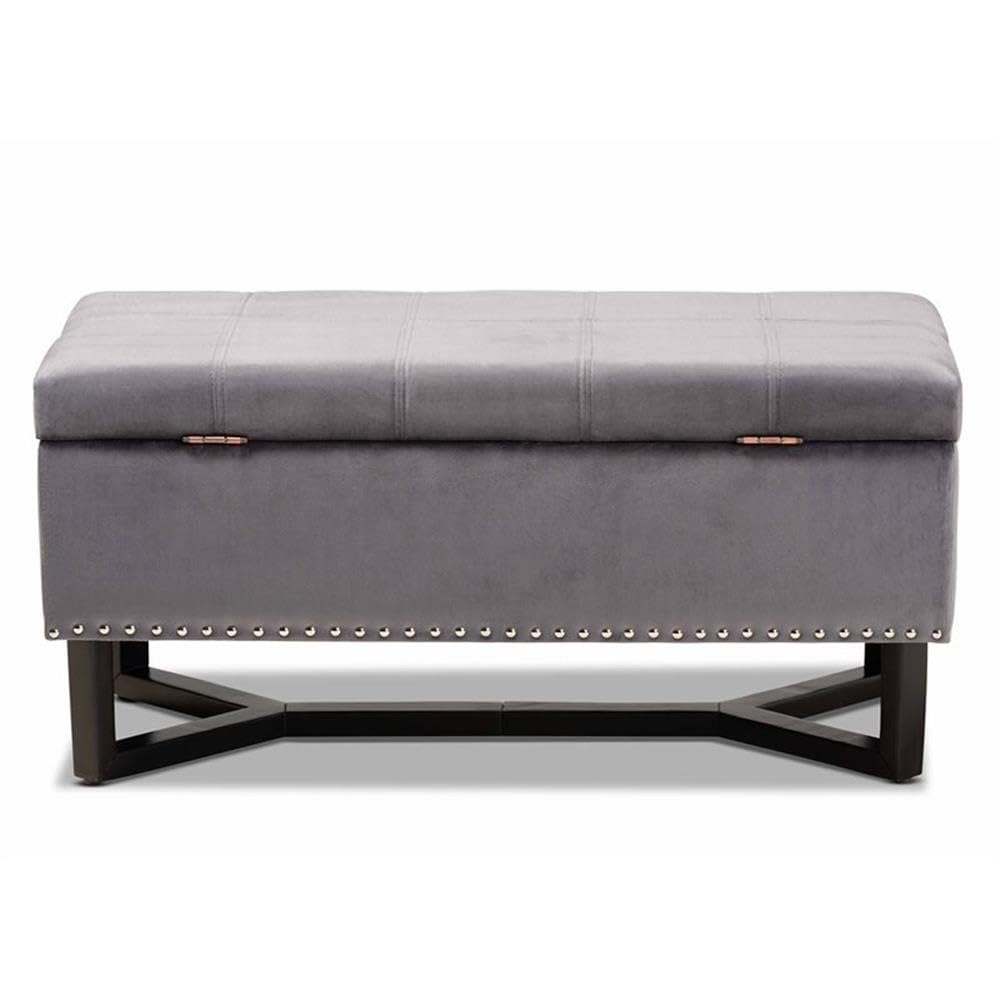 BOWERY HILL Grey Velvet Upholstered Storage Ottoman with Brown Wooden Legs - Perfect for Living Room, Bedroom, or Entryway Organization