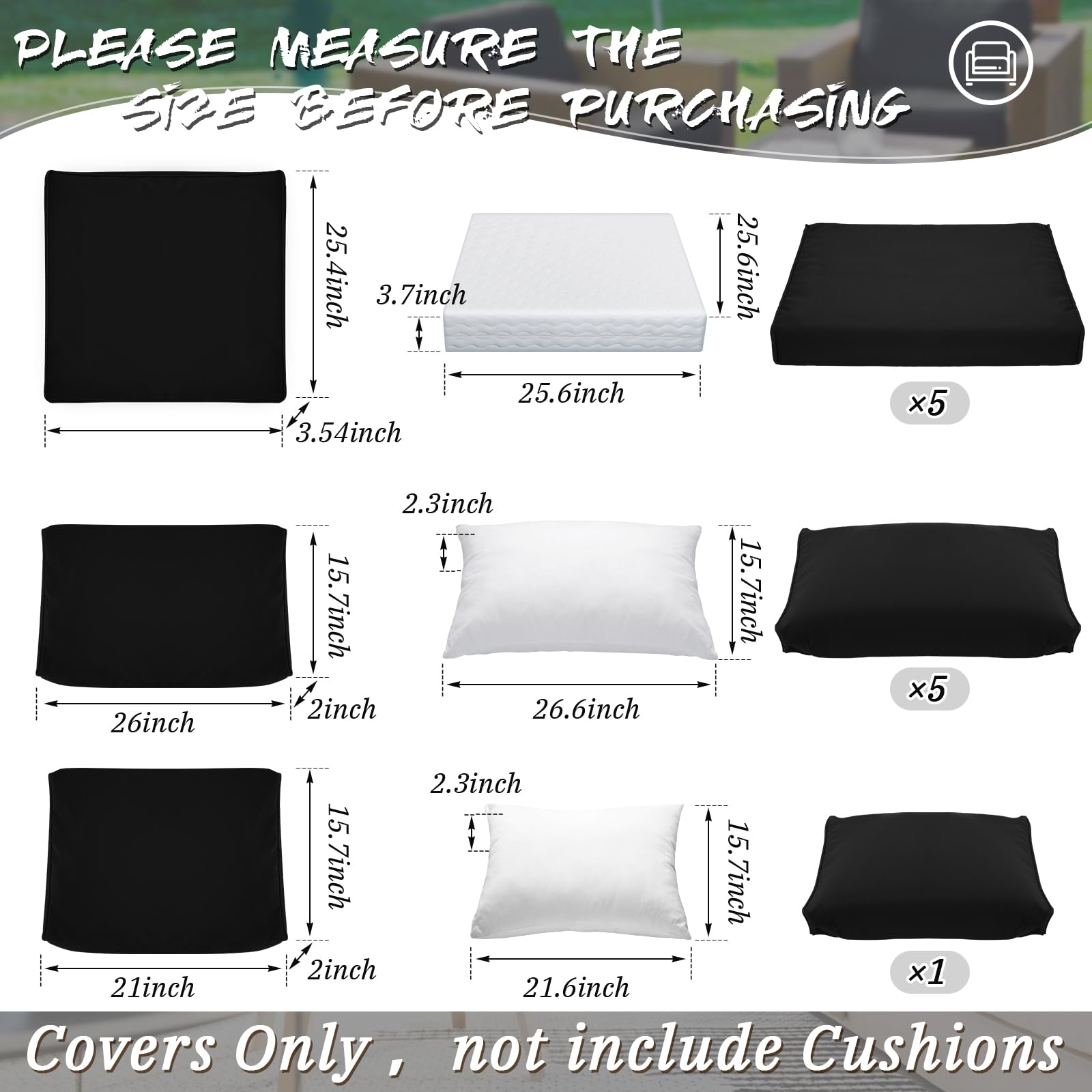 Patelai 11-Piece Outdoor Patio Cushion Slipcovers Set - Waterproof Replacement Covers for Sectional Sofa, Furniture & Couch (3 Sizes, Black) - Perfect for Backyard, Deck, Poolside & Garden Relaxation