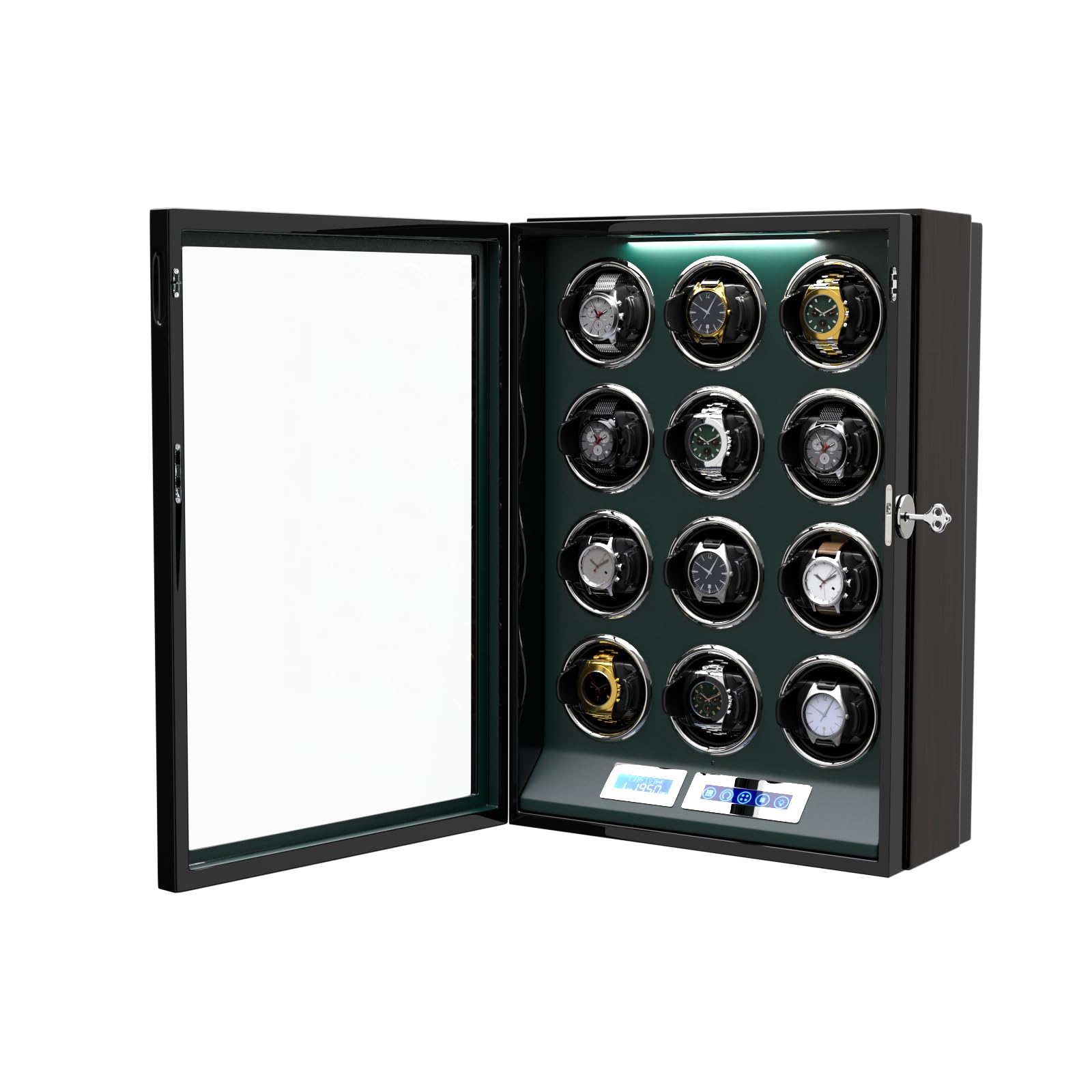 DUKWIN Automatic Watch Winder with LCD Touch Screen & Remote Control - Holds 9/12 Watches | Luxury Watch Storage Case for Men | Perfect for Travel, Office & Home Display