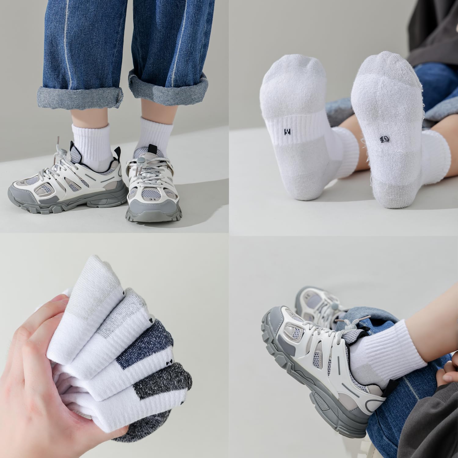 Marchare Boys & Girls Athletic Running Socks - 6 Pack Cushioned Crew Socks for Kids, Thick Cotton Sports Socks in Black/White/Grey - Perfect for School, Sports & Daily Activities