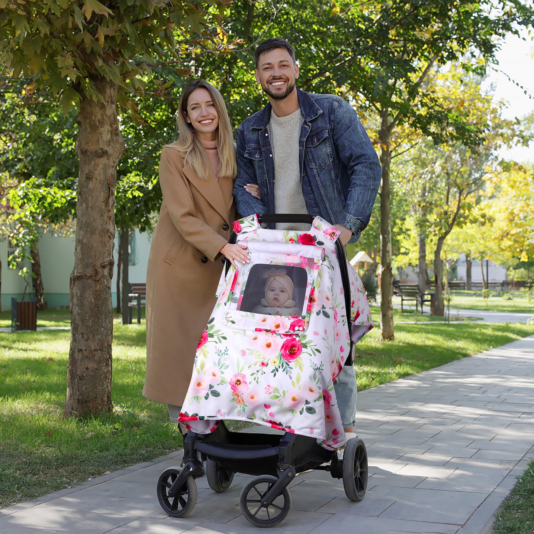 Breathable Baby Car Seat Cover with 3-Layer Peekaboo Windows - Windproof Infant Car Seat Canopy & Stroller Cover - Kick-Proof Carrier Protection for Boys & Girls - Perfect Newborn Shower Gift (Flower Pattern) - Ideal for Travel, Shopping & Outdoor Adventures