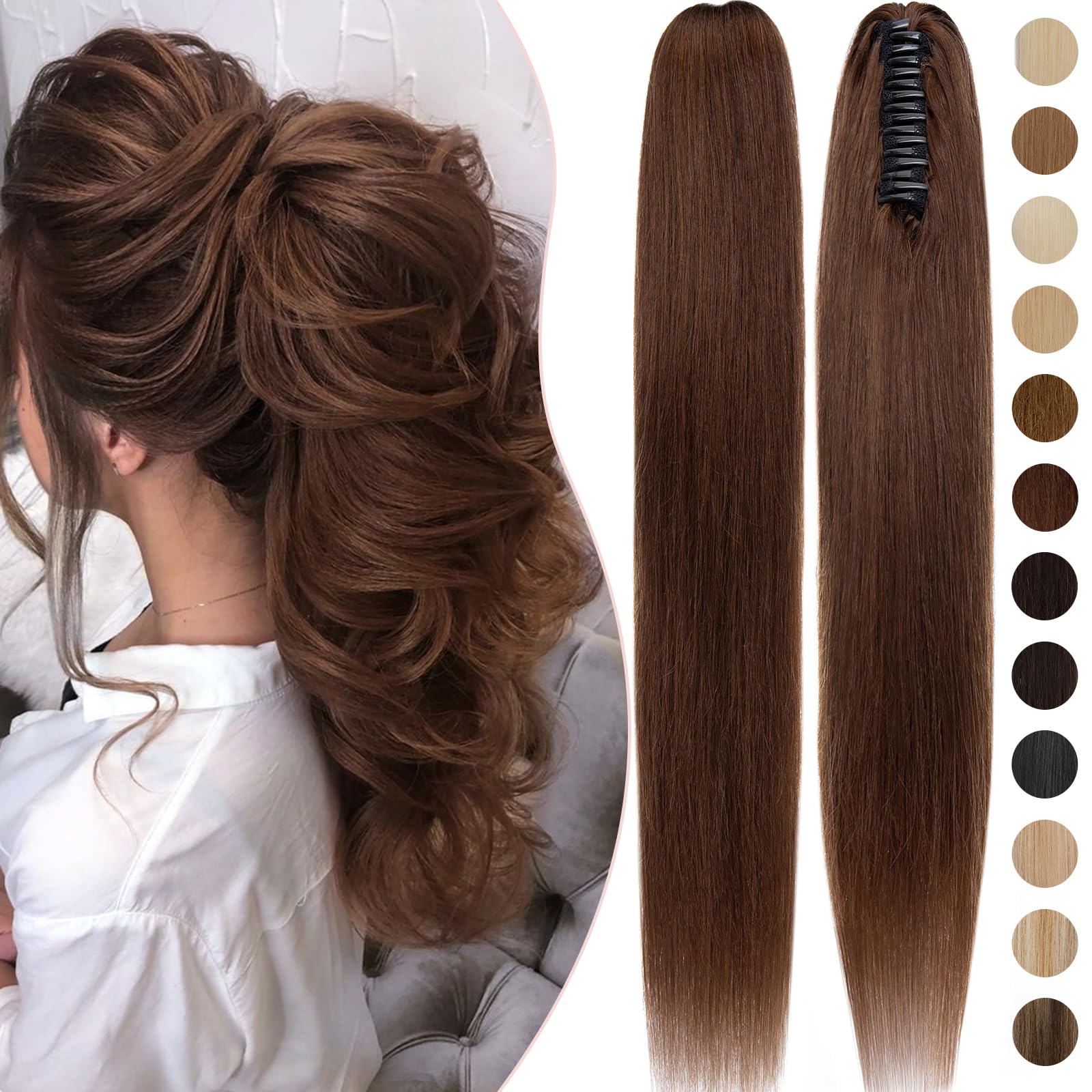 Rich Choices 20 Inch Clip-In Ponytail Hair Extensions - 120g Human Hair, Balayage Medium Brown (#4) | Straight & Natural Look for Women | Perfect for Parties, Weddings & Daily Styling