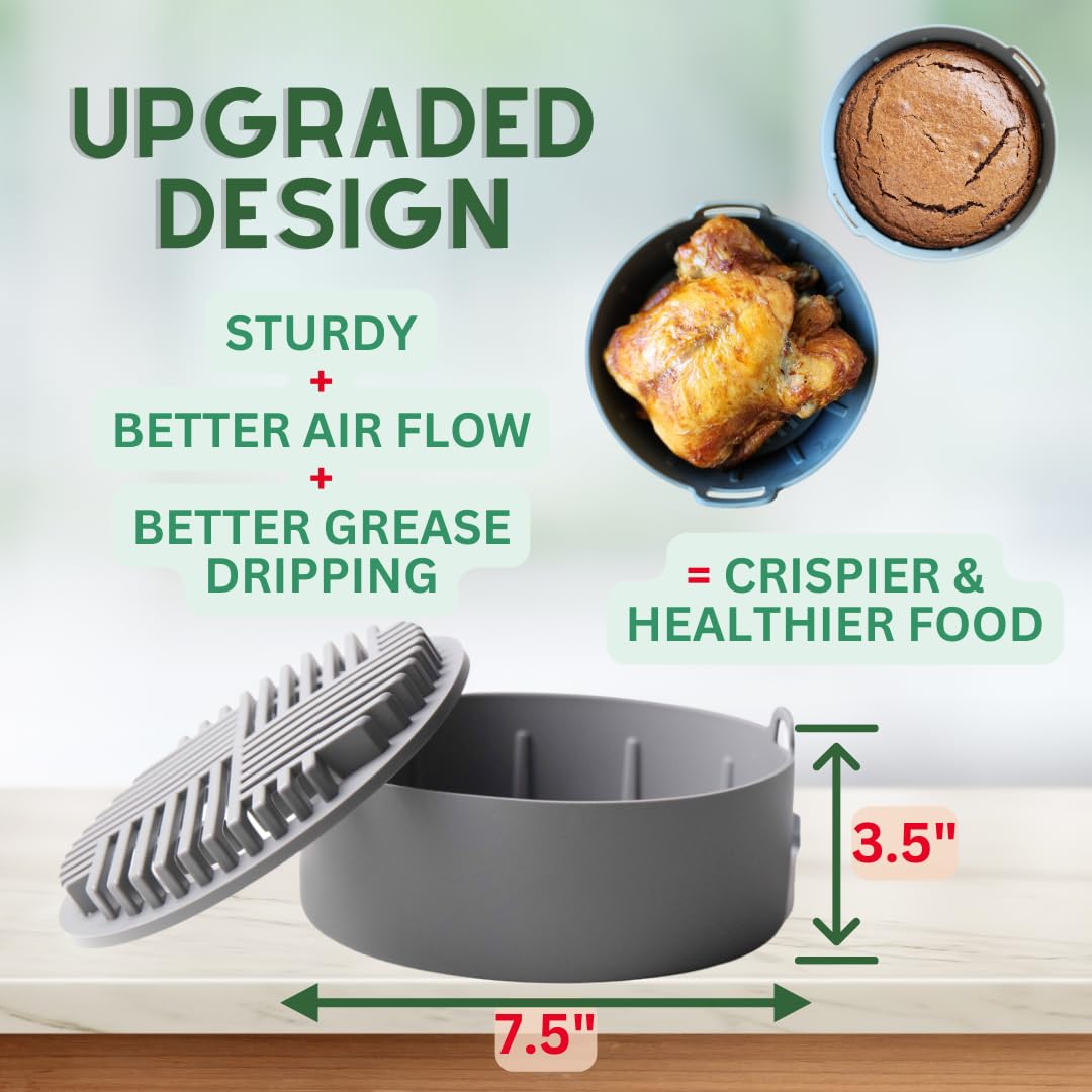 Reusable Silicone Air Fryer Basket - BPA-Free Non-Stick Accessory for Air Fryers (7.5 Inch, Grey) | Perfect for Cooking French Fries, Chicken Wings & Vegetables