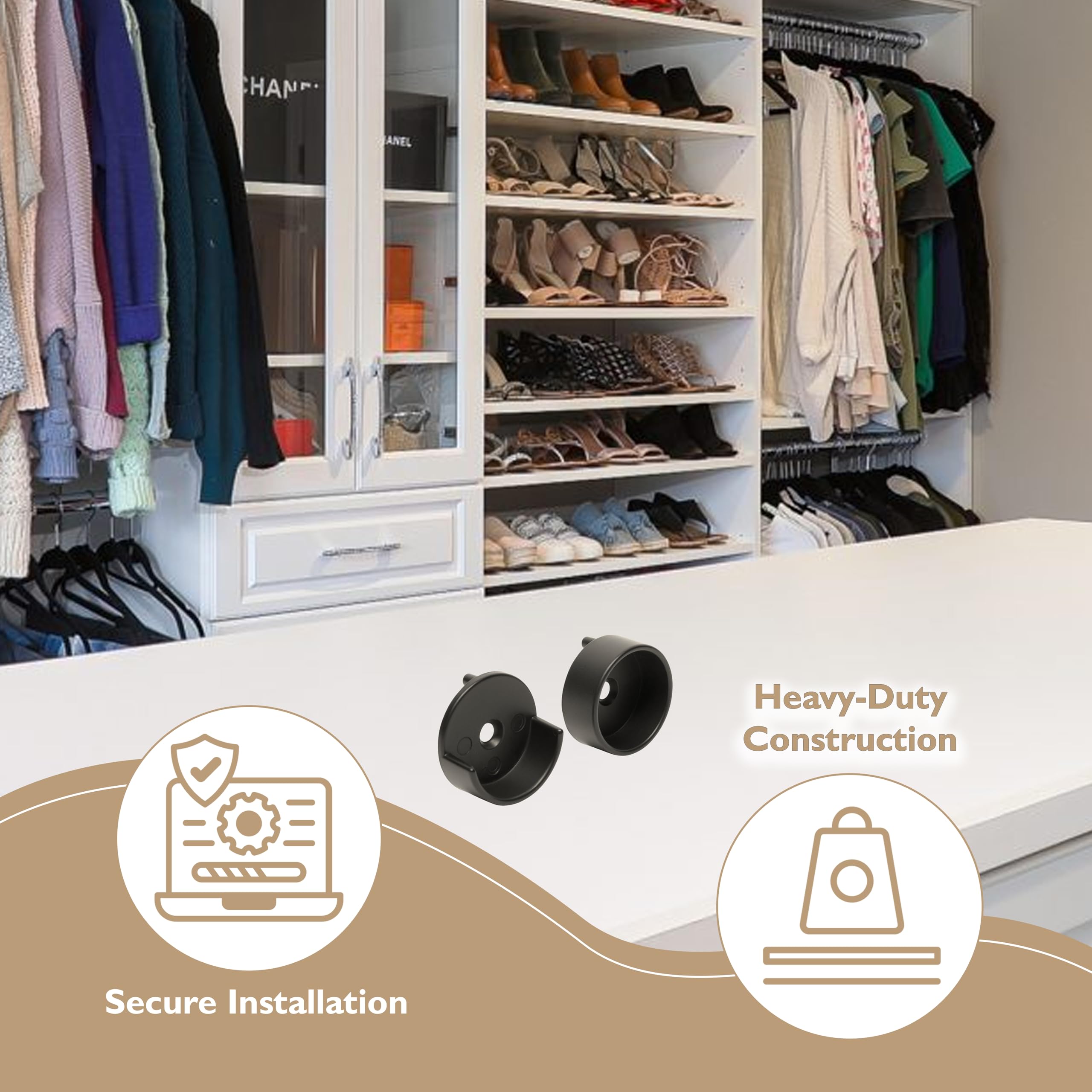 B&B Hardware Heavy-Duty Round Closet Rod End Supports - 1 Pair of Durable Metal Wardrobe Brackets & Closet Pole Holders | Perfect for Bedroom Closet Organization, Walk-in Wardrobe Upgrades & Custom Storage Solutions