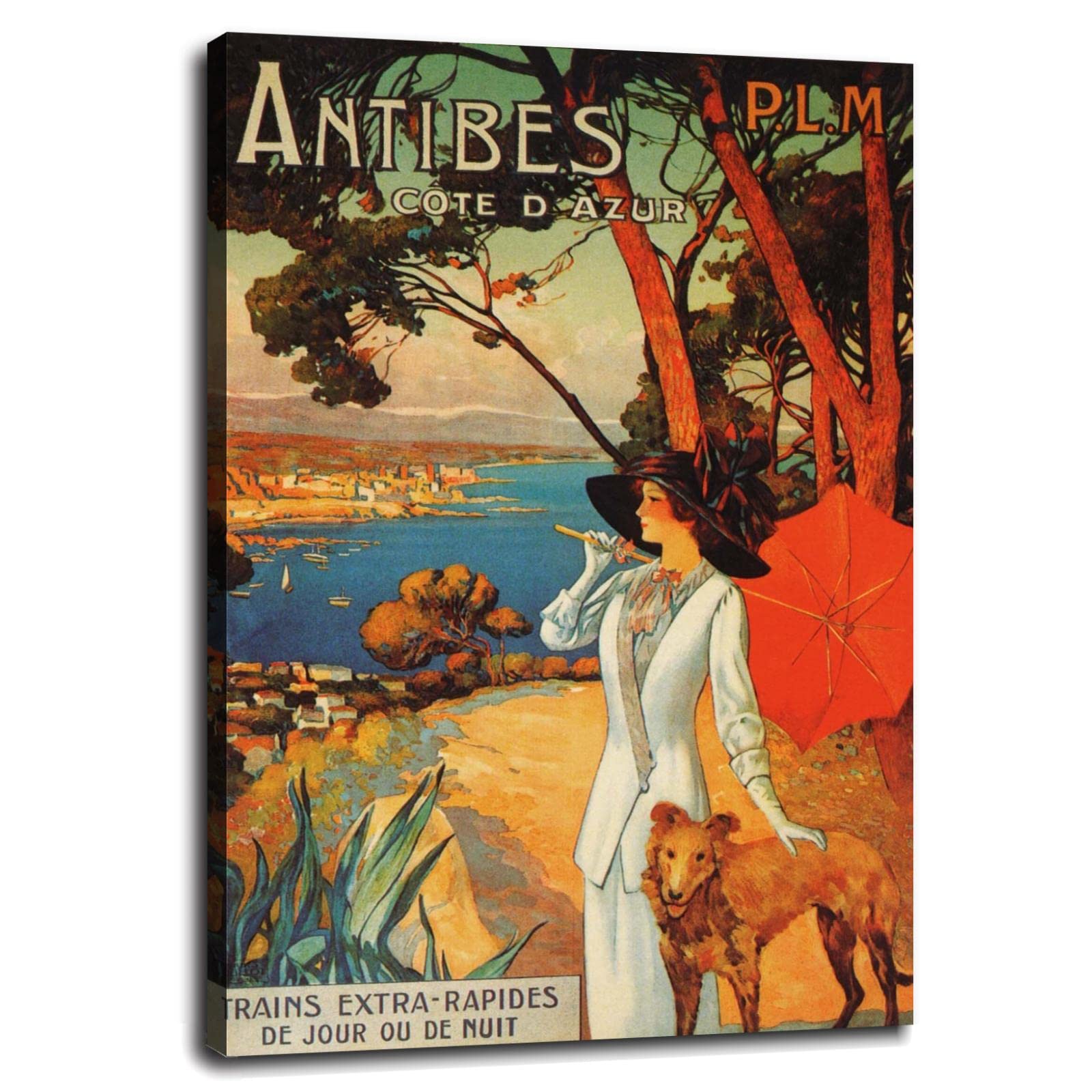 Antibes Cote D'Azur Canvas Art Print - 36x24 Inch Framed Wall Decor for Living Room, Bedroom & Office - Coastal Landscape Painting for Home Decoration