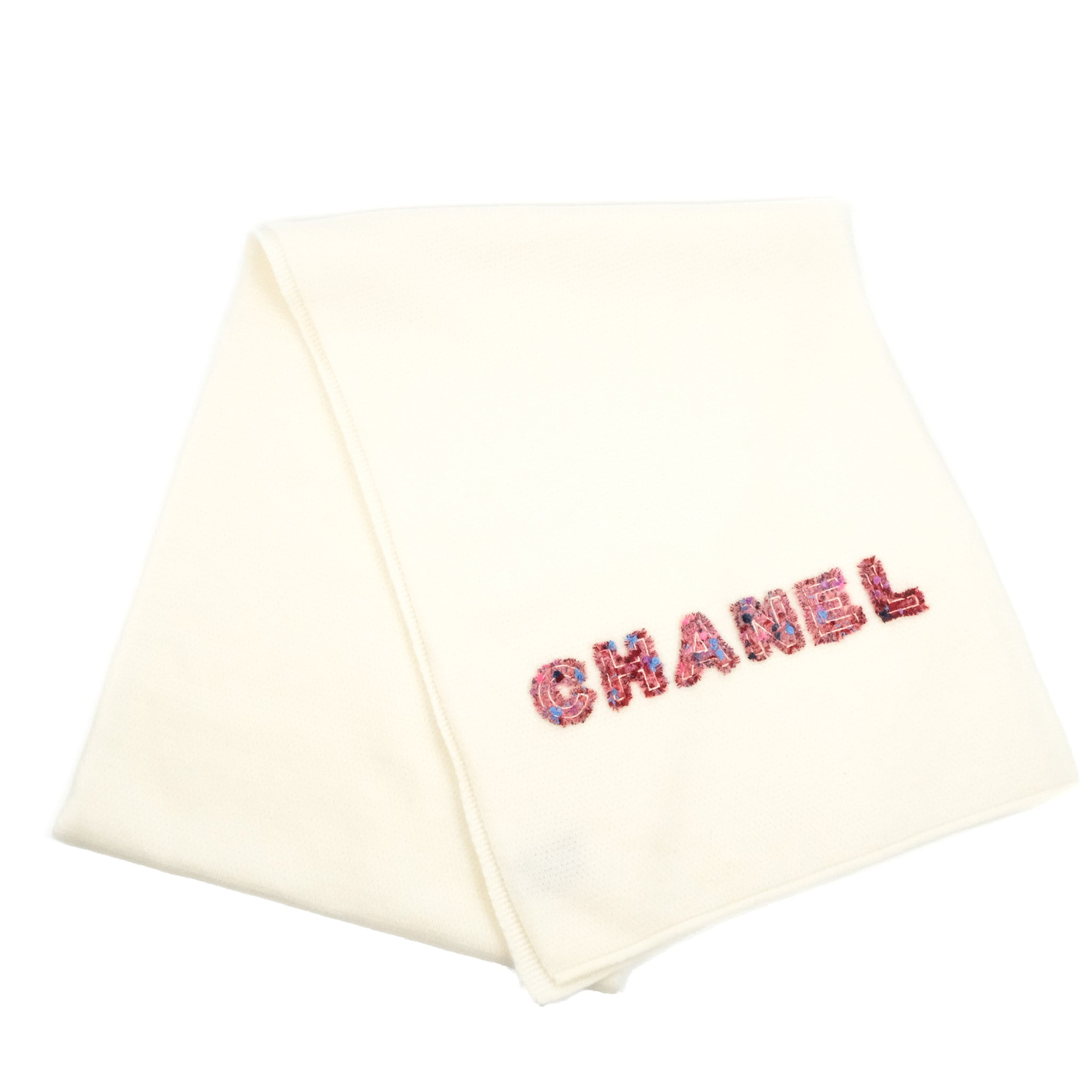 Chanel Cashmere Scarf with Tweed Logo - Ivory Luxury Winter Wrap for Women - Perfect for Office, Travel & Special Occasions