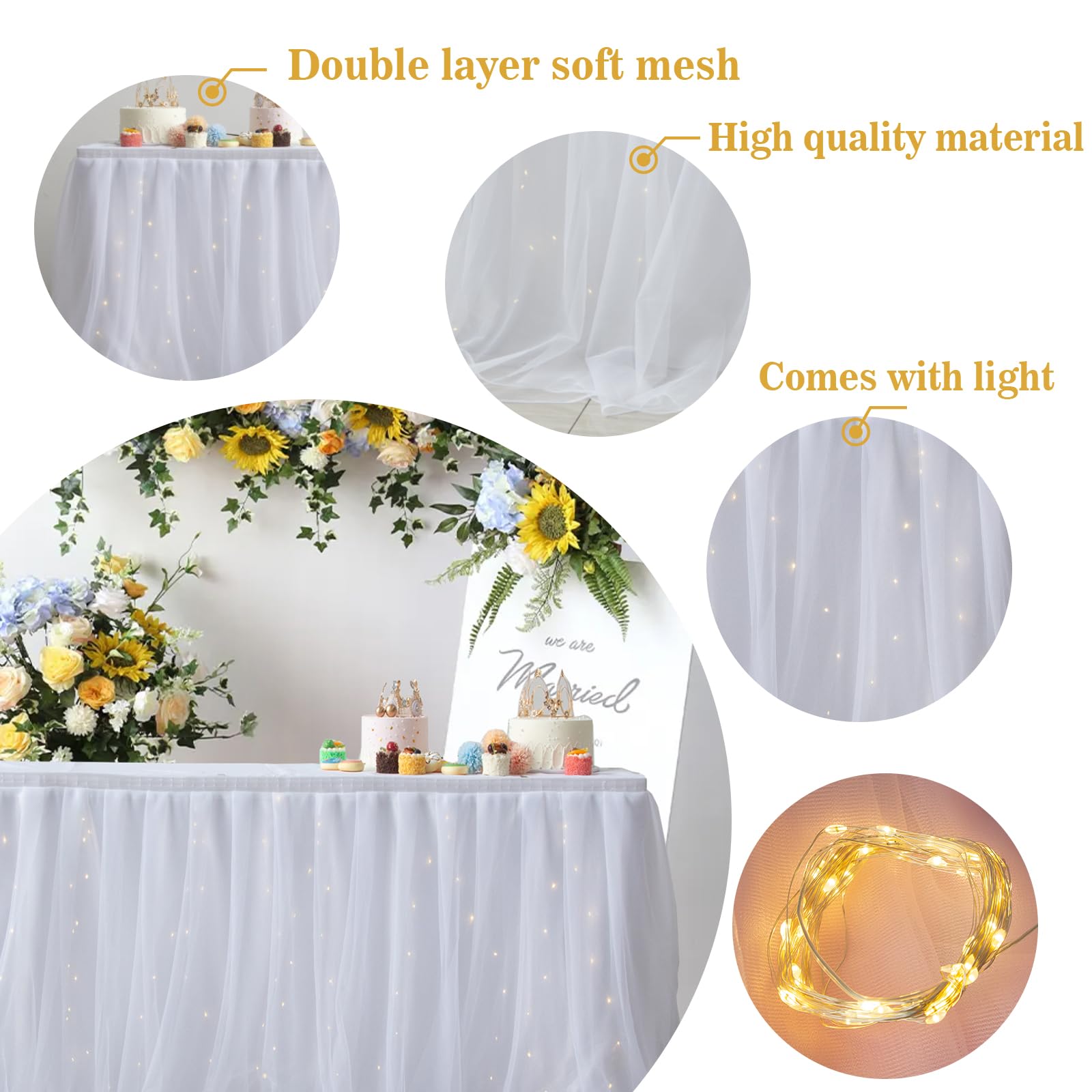 Albassa White Tulle Table Skirt with LED Lights - 6ft Tutu Table Cover for Rectangle or Round Tables - Elegant Baby Shower, Birthday Party & Wedding Cake Table Decor - Perfect for Dessert Buffets, Bridal Showers & Special Events (White, 6ft Length x 30in Height)