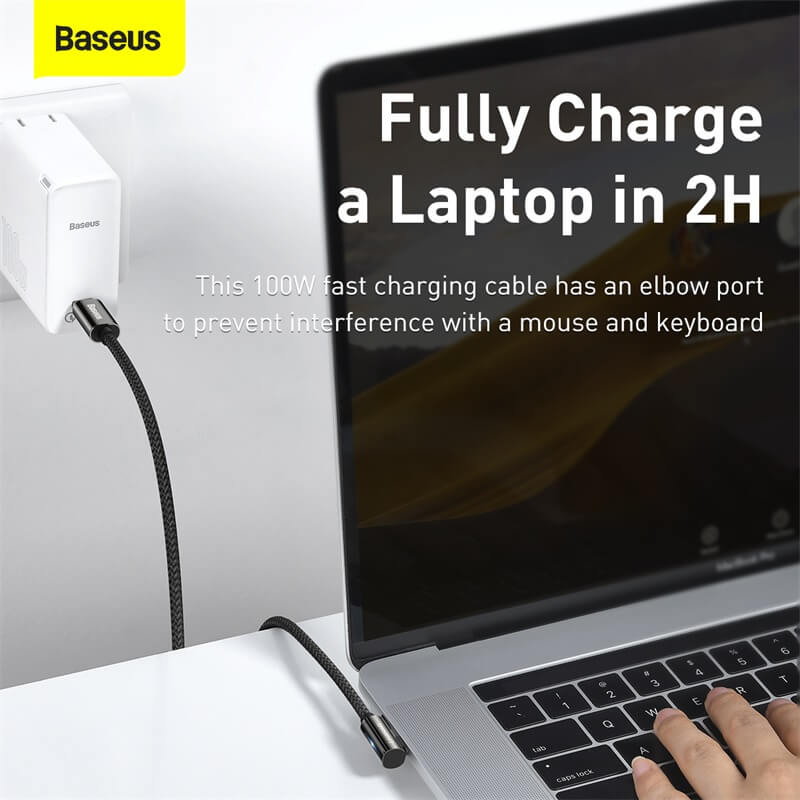 Baseus PD 100W 90° Right Angle USB C to USB C Fast Charging Cable 1M (3.3ft) - QC3.0 Certified L-Shaped Bend Charger Cord for MacBook Pro/Air, iPad Pro, Samsung Galaxy, Nintendo Switch & More - Perfect for Gaming, Bedside Charging & Car Use