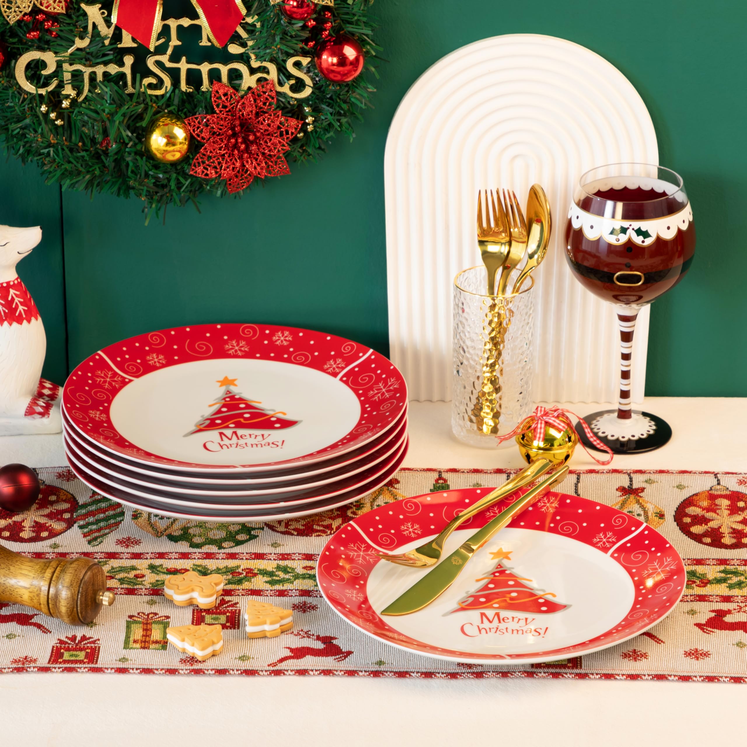 VEWEET Christmas Dinner Plates Set of 6 - 10.5 Inch Ceramic Holiday Tableware for Family Meals, Parties & Celebrations - Festive Christmas Tree Design - Perfect for Christmas Dinner, Holiday Gatherings & Home Decor
