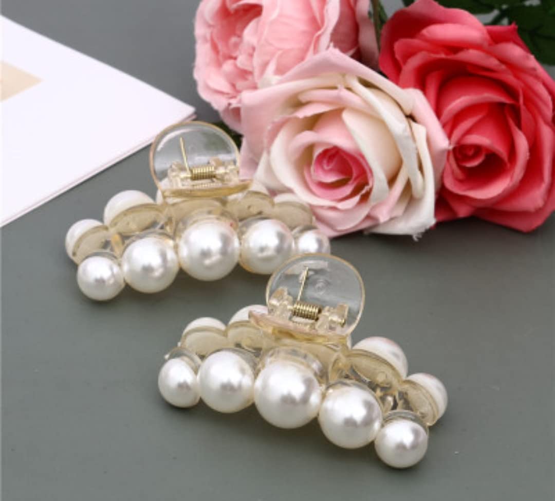 HOMEMATES 2 Pack Large Pearl Hair Claw Clips for Women - Strong Hold Hair Accessories for Thick Long Hair, White Jaw Clips for Girls & Women - Perfect for Work, Parties and Everyday Styling (Style 6)