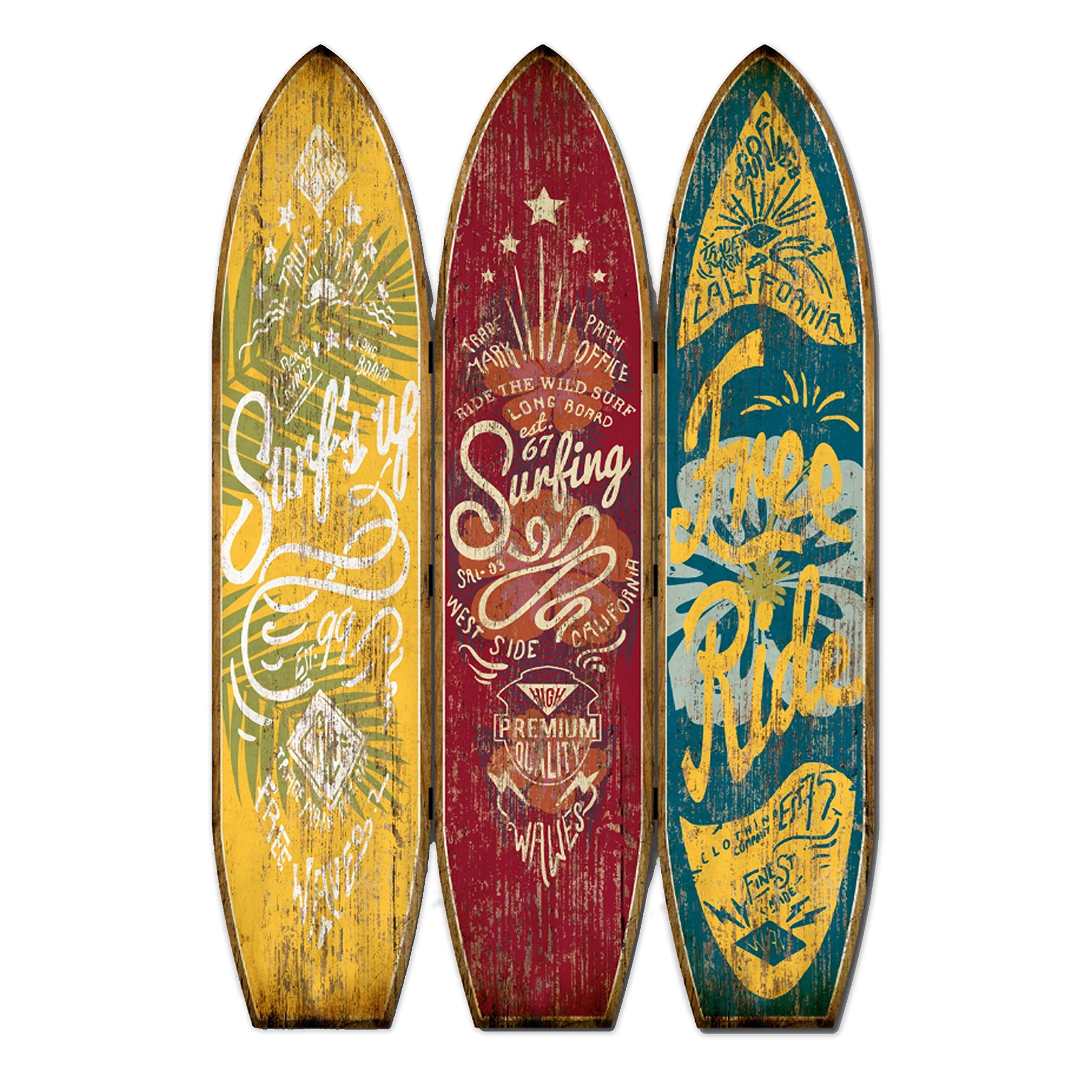 Colorful Abstract Surfboard-Shaped 3-Panel Wooden Room Divider - Modern Foldable Partition for Beach House, Bedroom & Office Decor