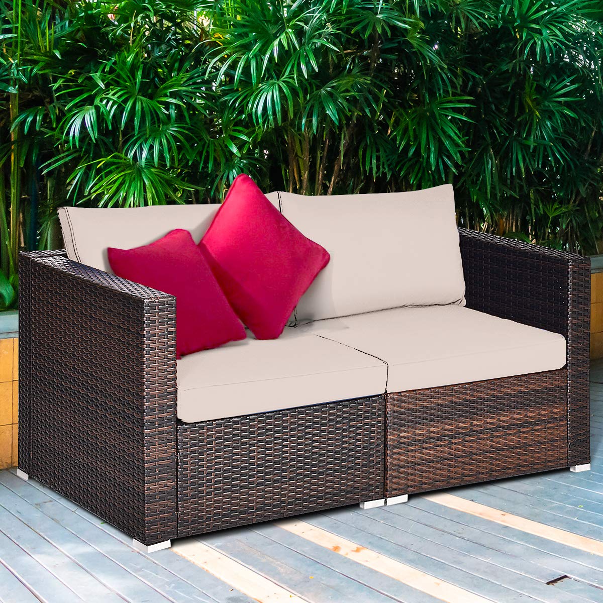 Tangkula 2-Piece Wicker Loveseat Set with Removable Cushions - Outdoor Patio Furniture Rattan Sofa for Balcony, Deck, Garden & Poolside - Perfect for Relaxing, Entertaining and Sunbathing