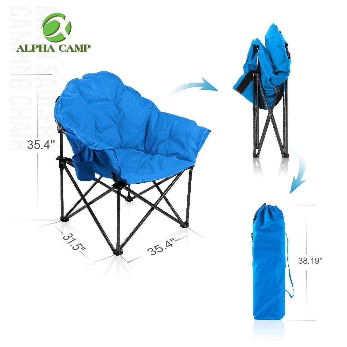 ALPHA CAMP Oversized Padded Moon Round Camping Chair - Portable Saucer Recliner with Cup Holder & Carry Bag for Outdoor, Beach, Picnic, and Backyard Relaxation